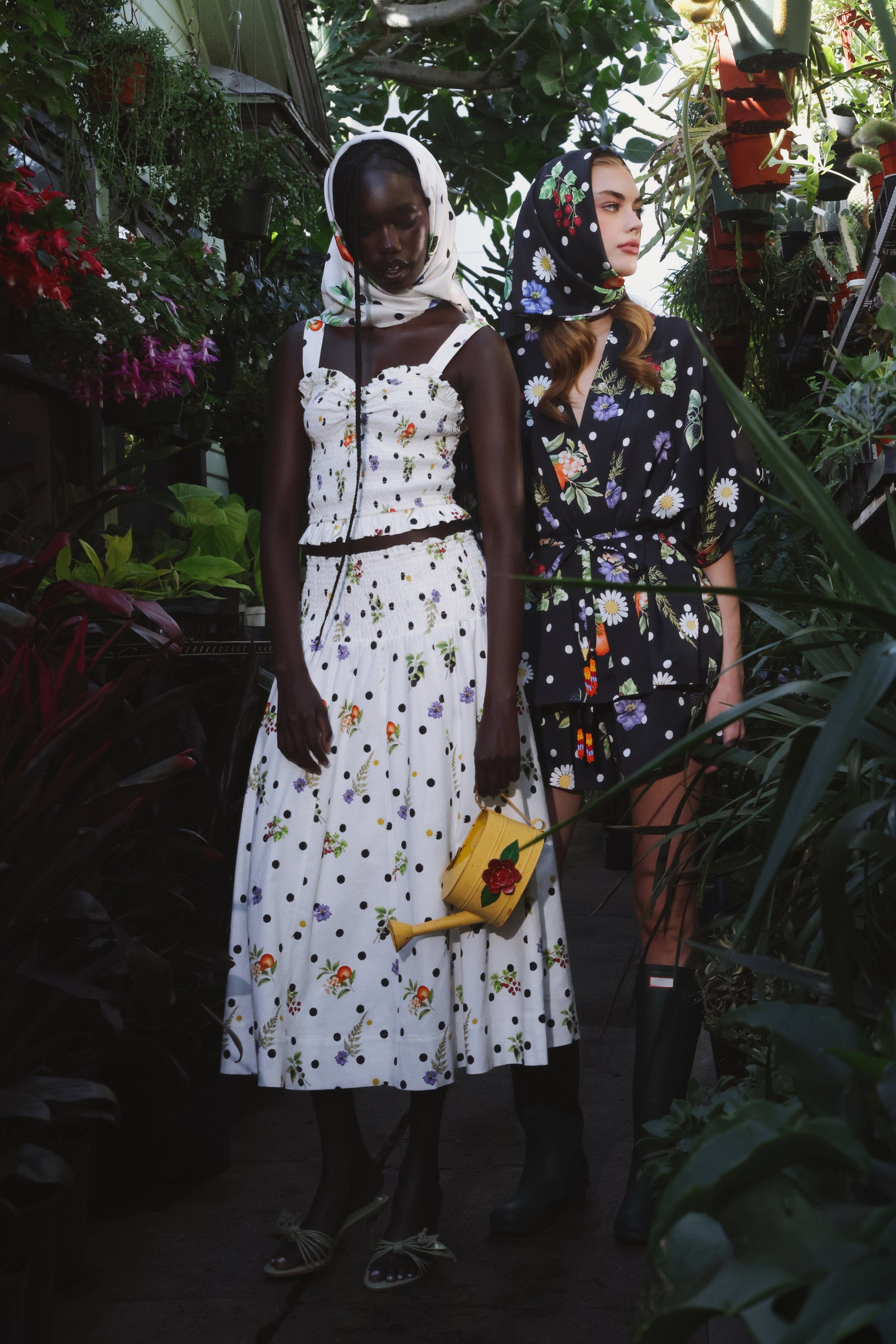 Floral polka dot satin black kimono top with white crop top and floral midi skirt by Avec Les Filles