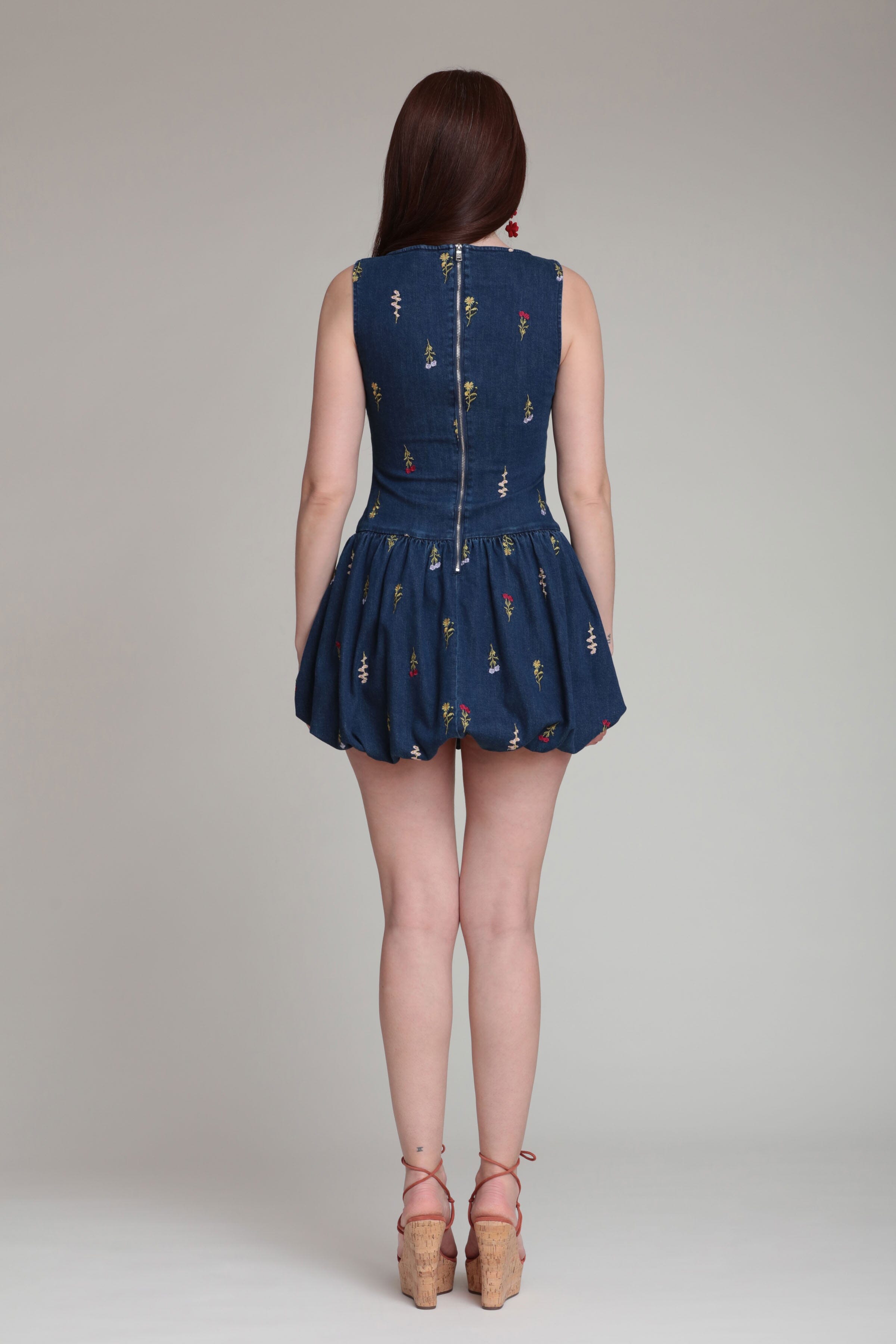 Embroidered Denim Bubble Hem Romper Dress Embroidered Denim Bubble Hem Romper Dress