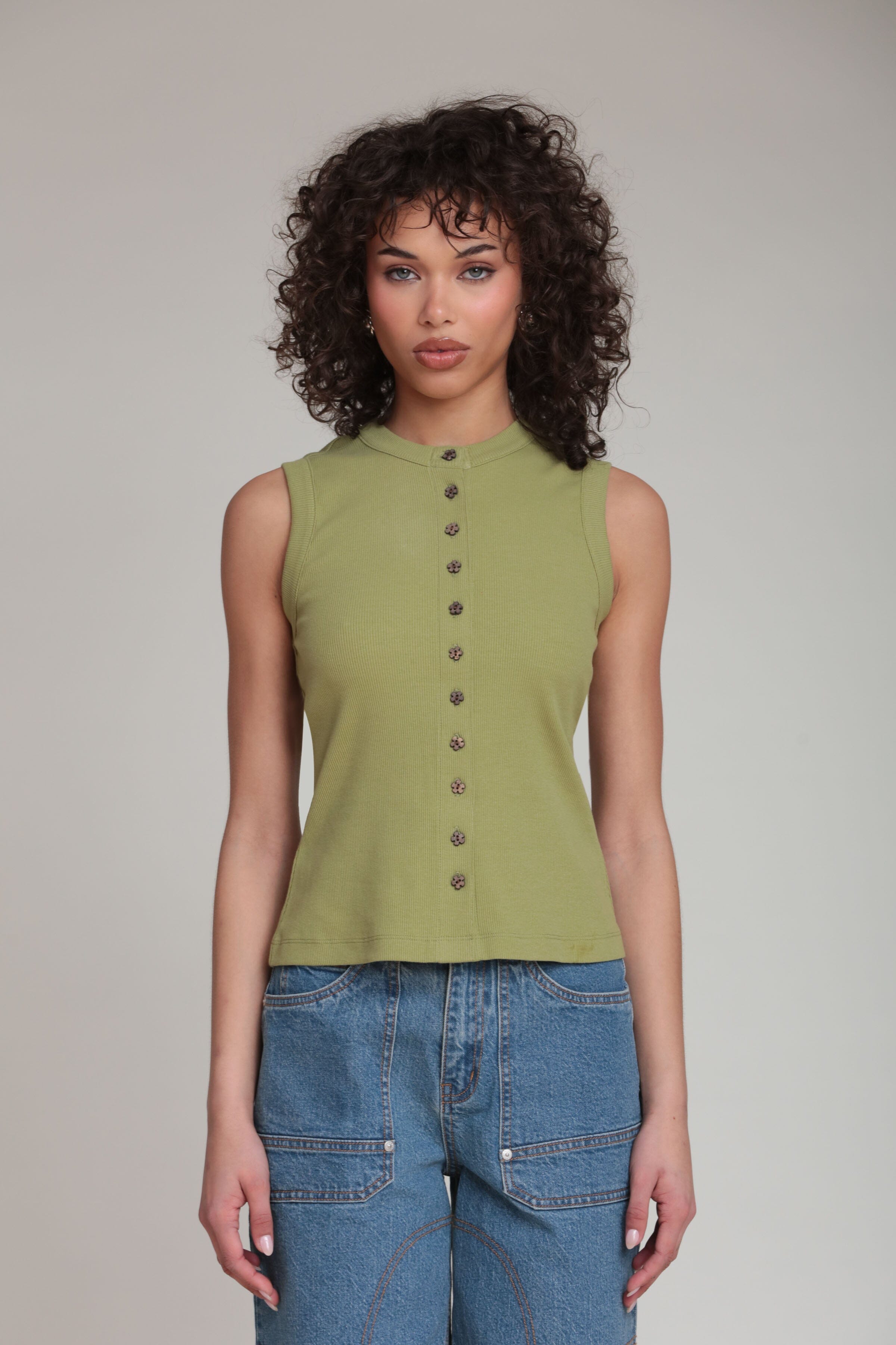 Flower Button Ribbed Cotton Tank Green Top