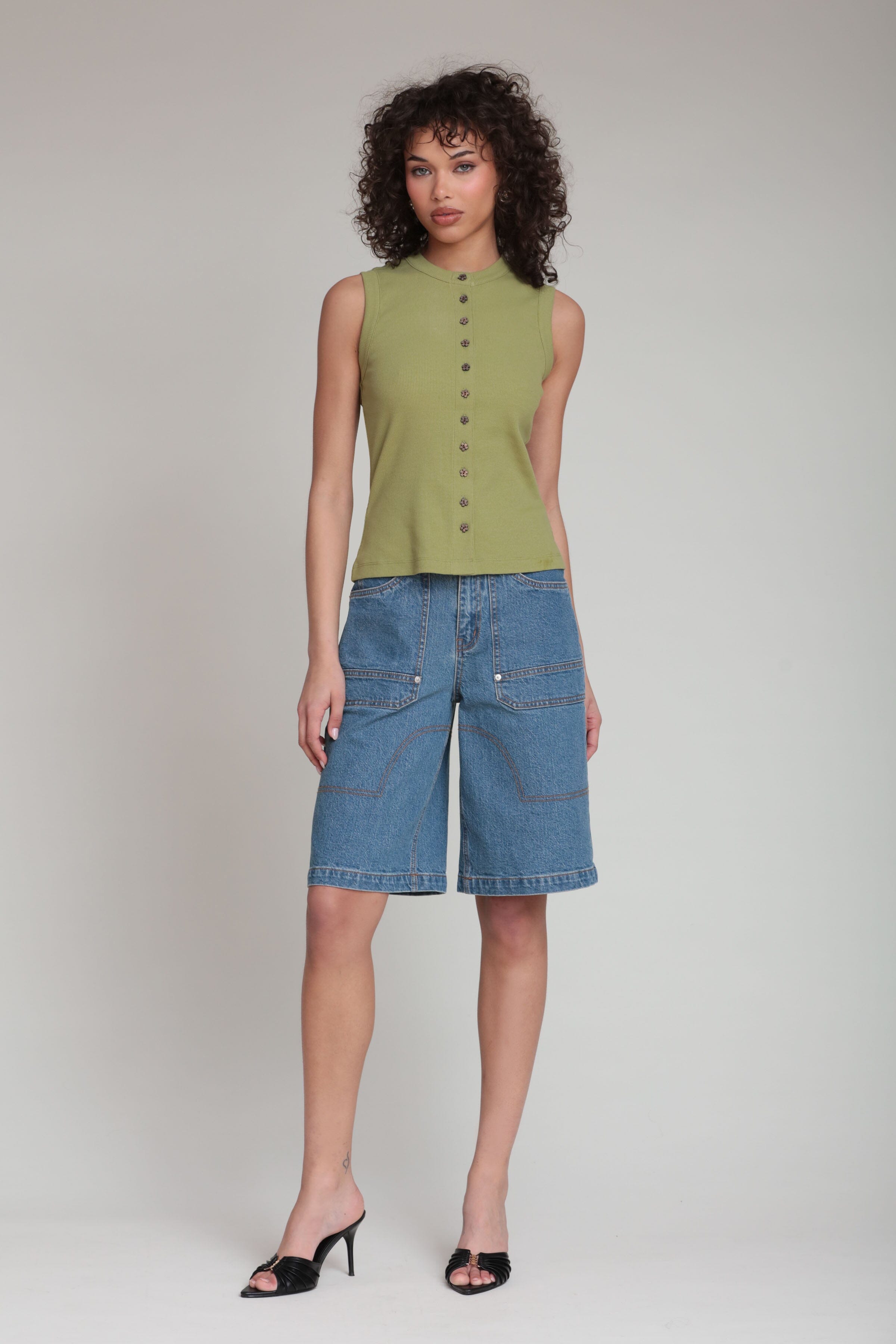 Button front ribbed sleeveless green tank top in cotton - Shop designer women's cute tank tops by Avec Les Filles