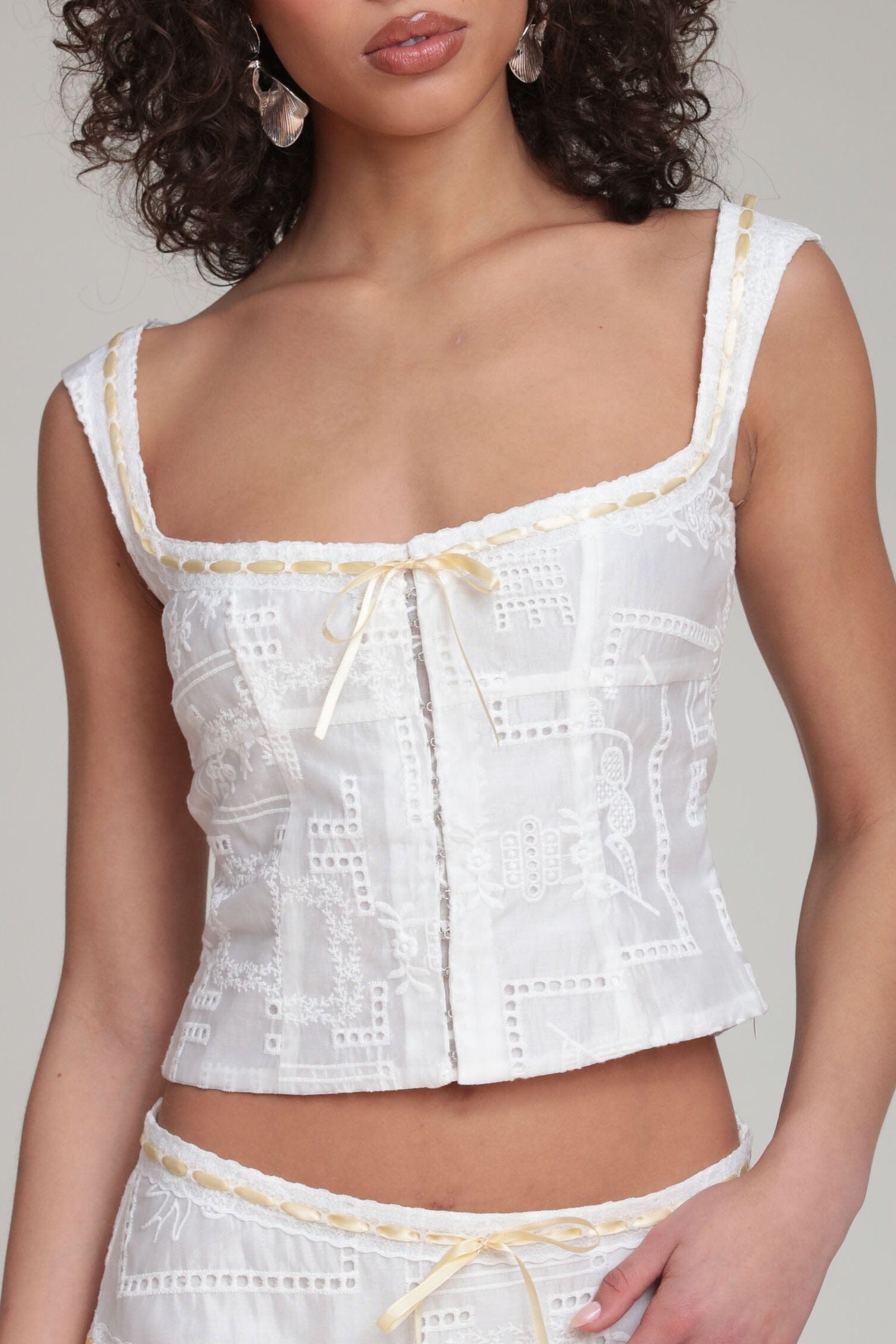 Bustier white corset embroidered top with square neck and an adjustable tie - Shop women's corset tops by Avec Les Filles