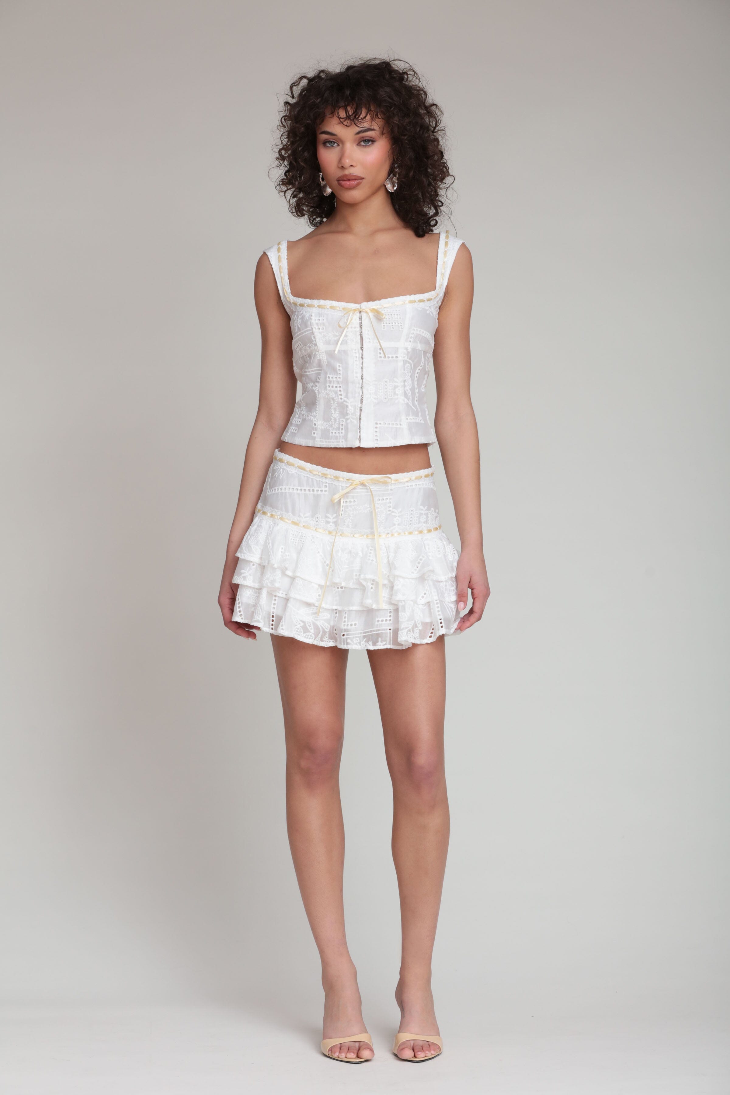 Tencel Embroidered White Tiered Skirt
