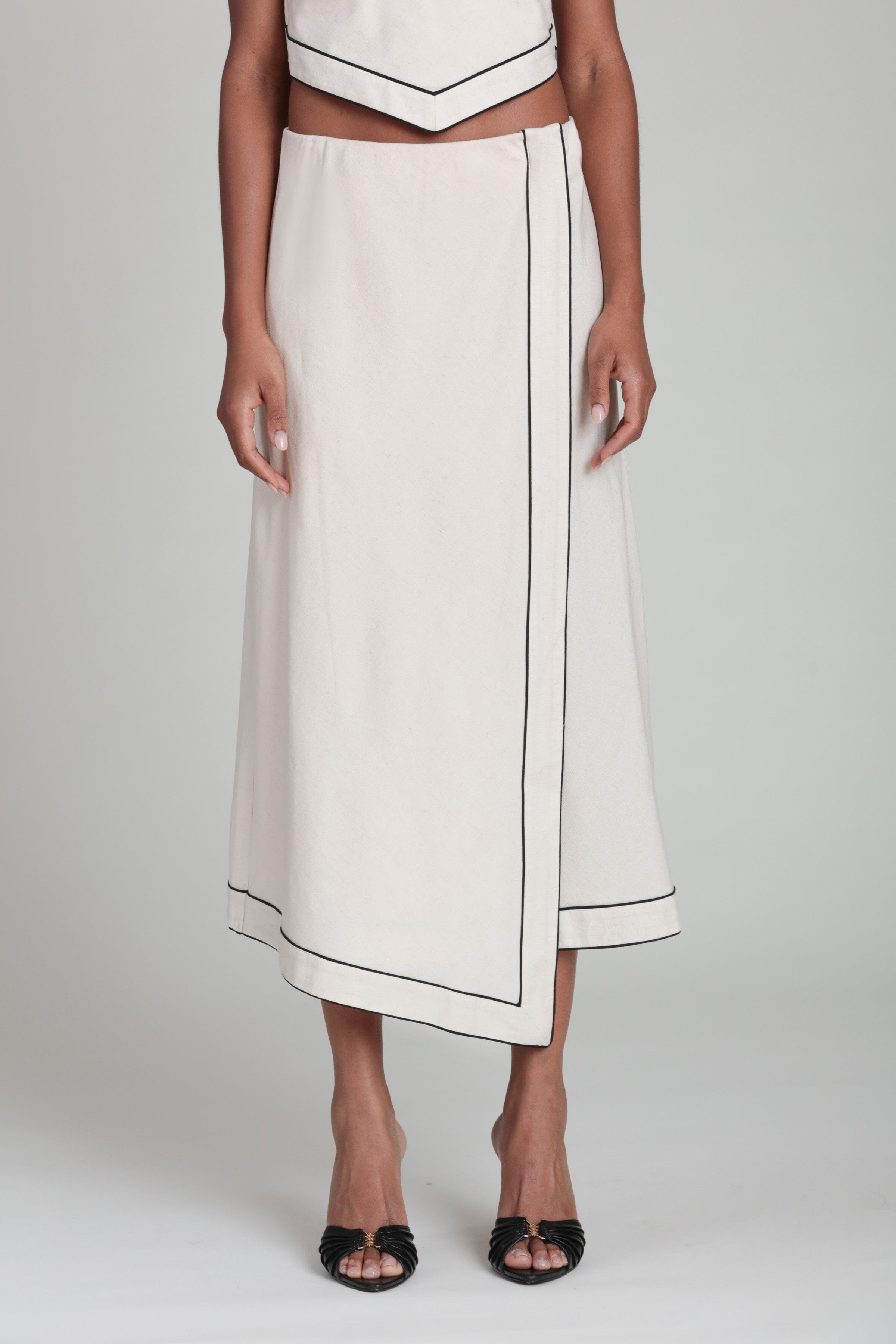 Linen Blend Faux Wrap White Maxi Skirt