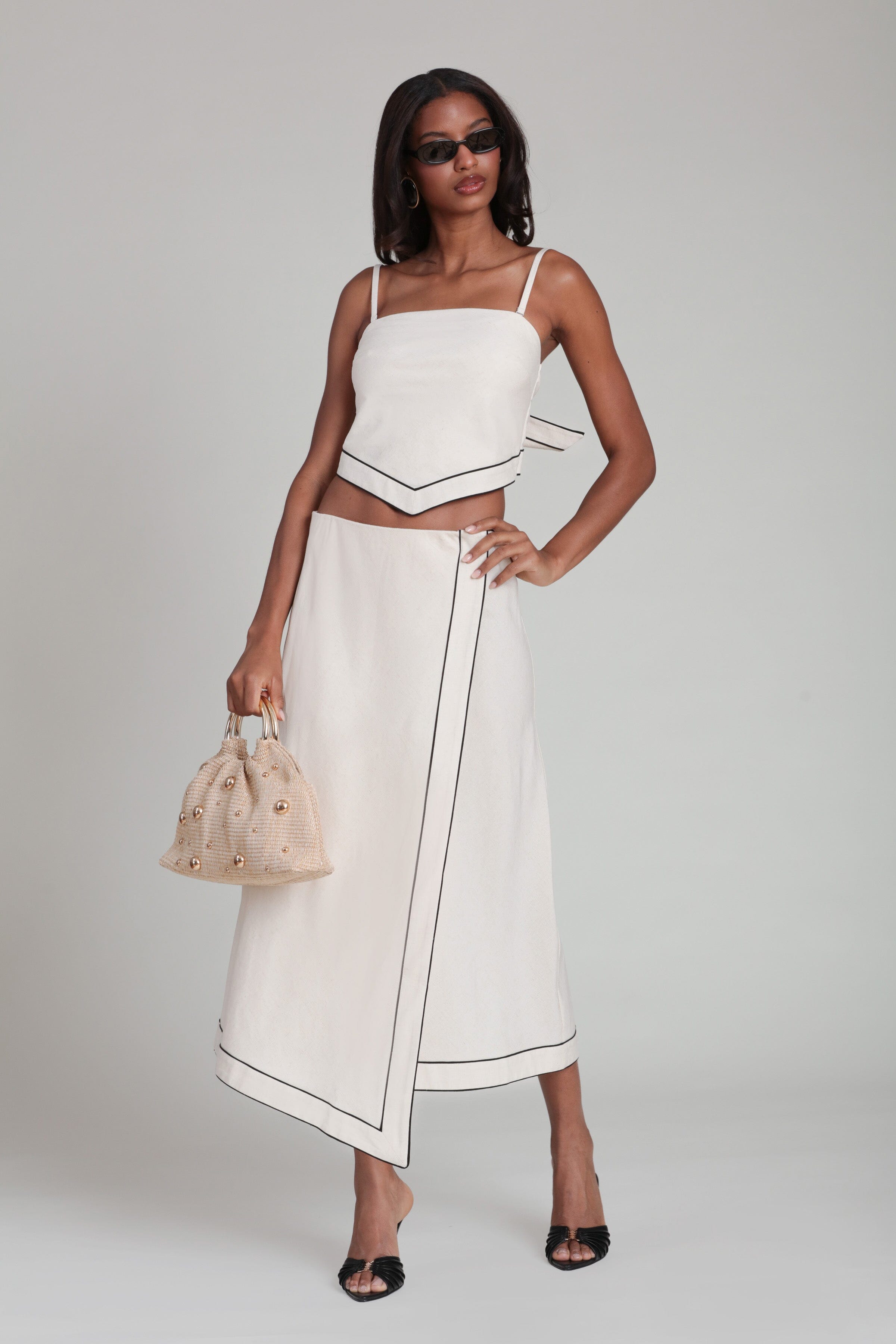 Linen blend faux wrap white maxi skirt with white crop top - Shop women's cute maxi skirts by Avec Les Filles