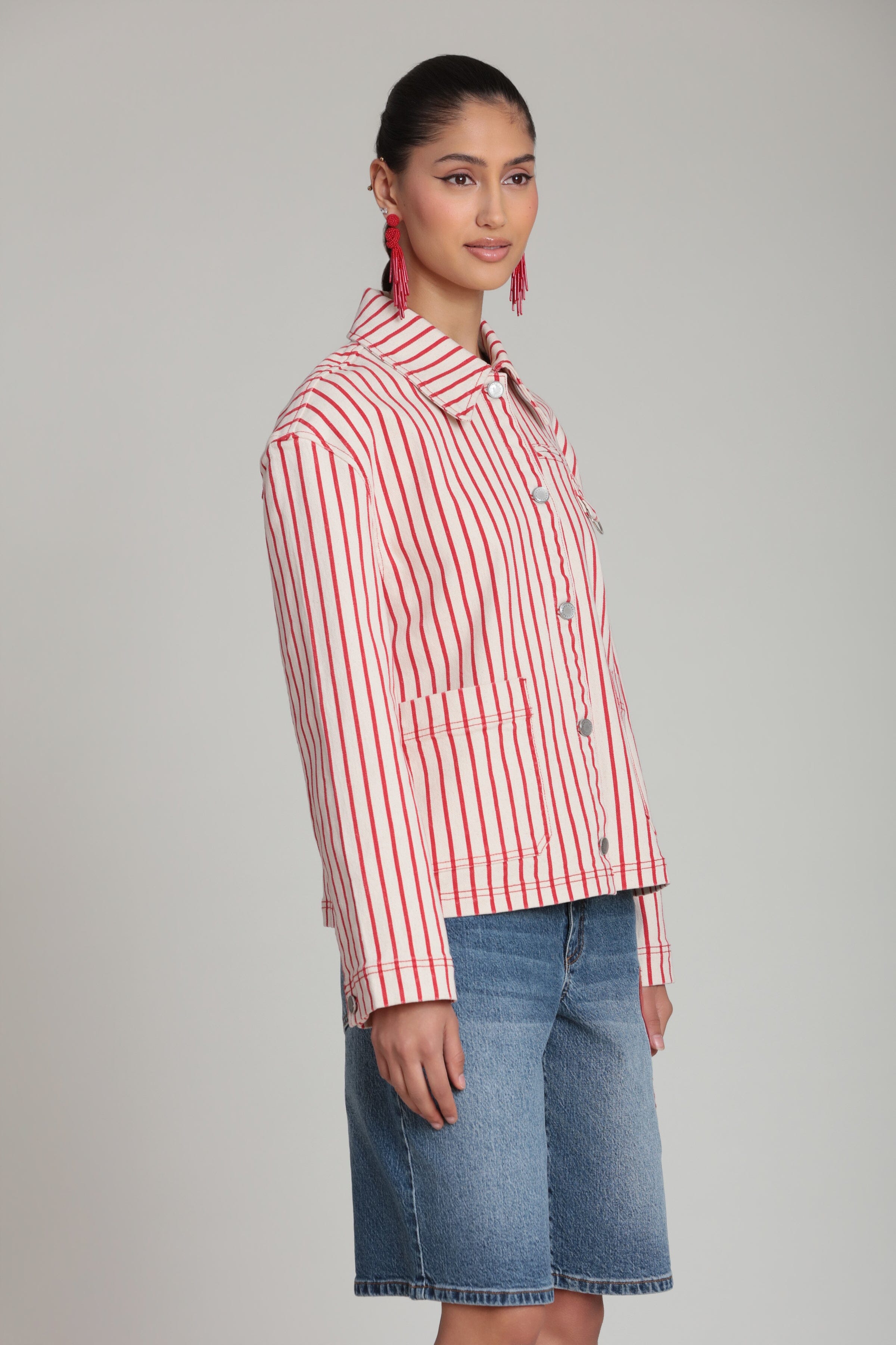 Stretch cotton red striped jacket with long sleeves and a spread collar - Shop womens cotton jackets by Avec Les Filles
