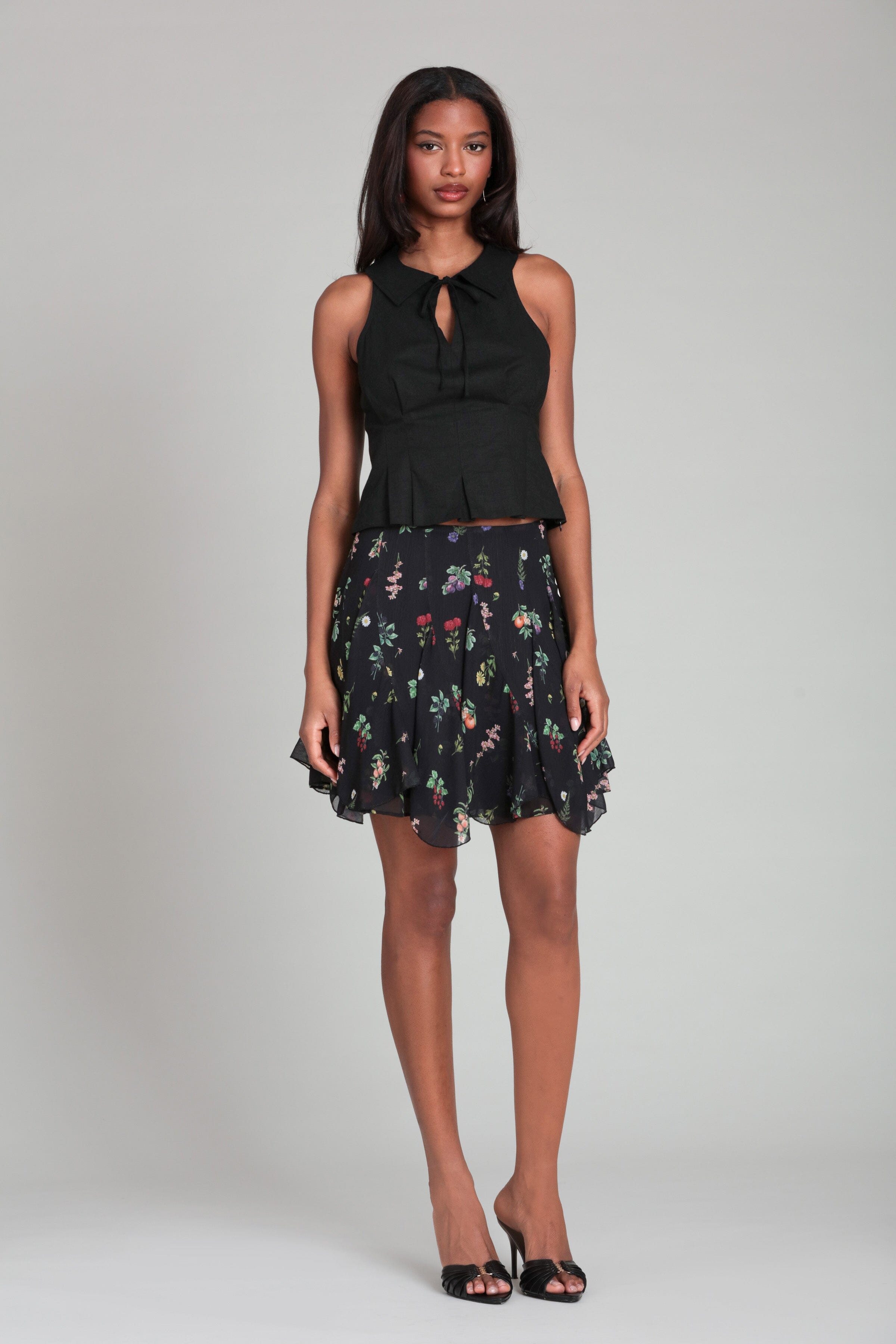 Chiffon floral mini skirt with asymmetric and tiered ruffle - Shop designer women's cute black mini skirts by Avec Les Filles