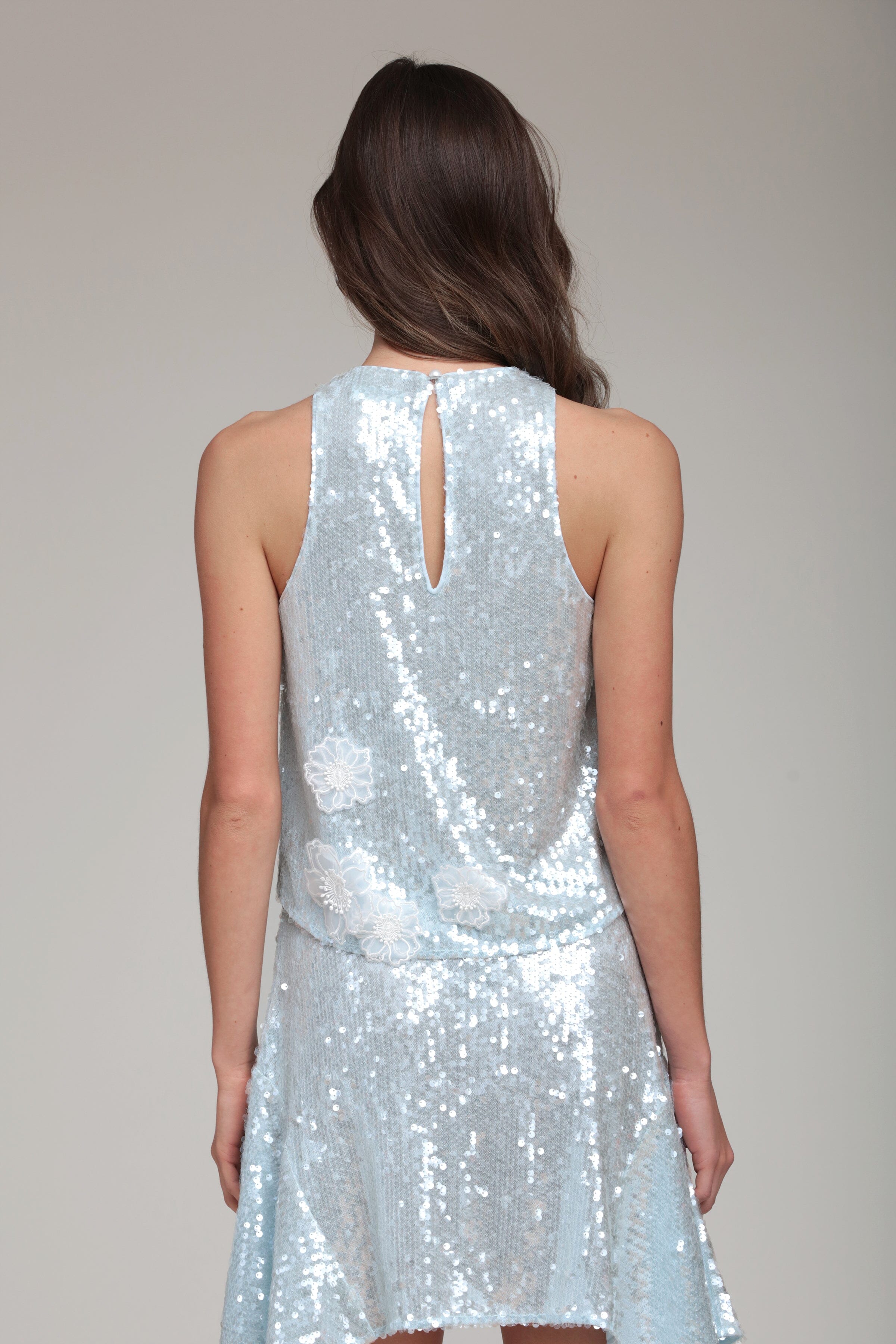 sequin tops and dresses Avec Les Filles Women's A-Line Sequin Floral Appliqué Crop Top - Blue