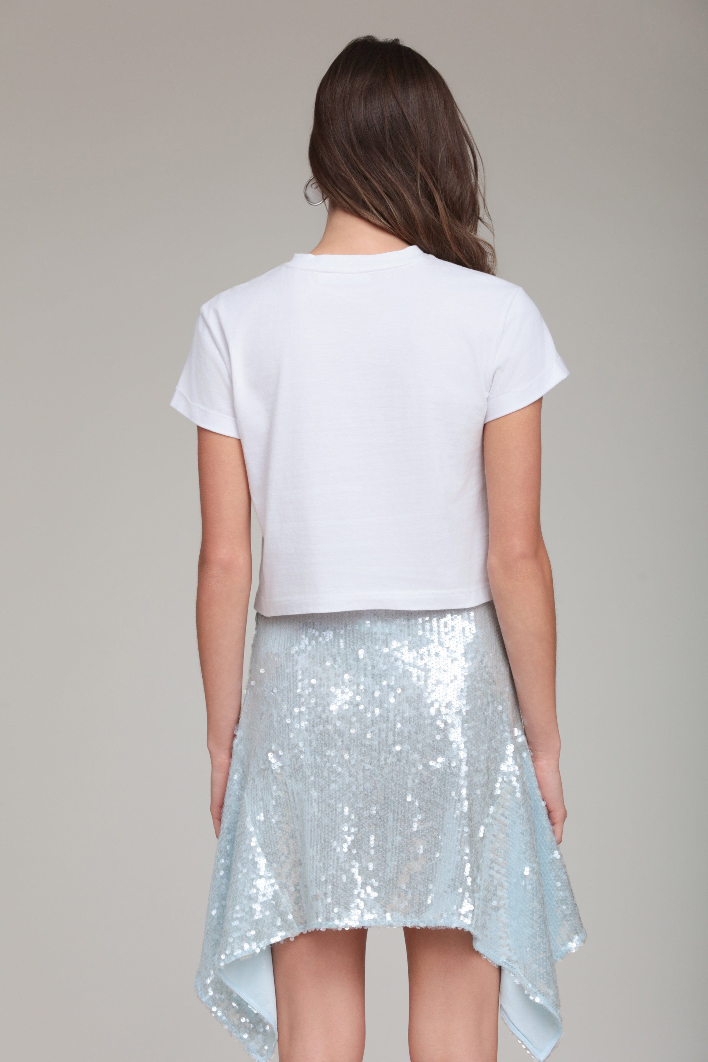 Cotton white cropped tshirt with light blue sequin skirt - Shop cute womens graphic tshirts by Avec Les Filles