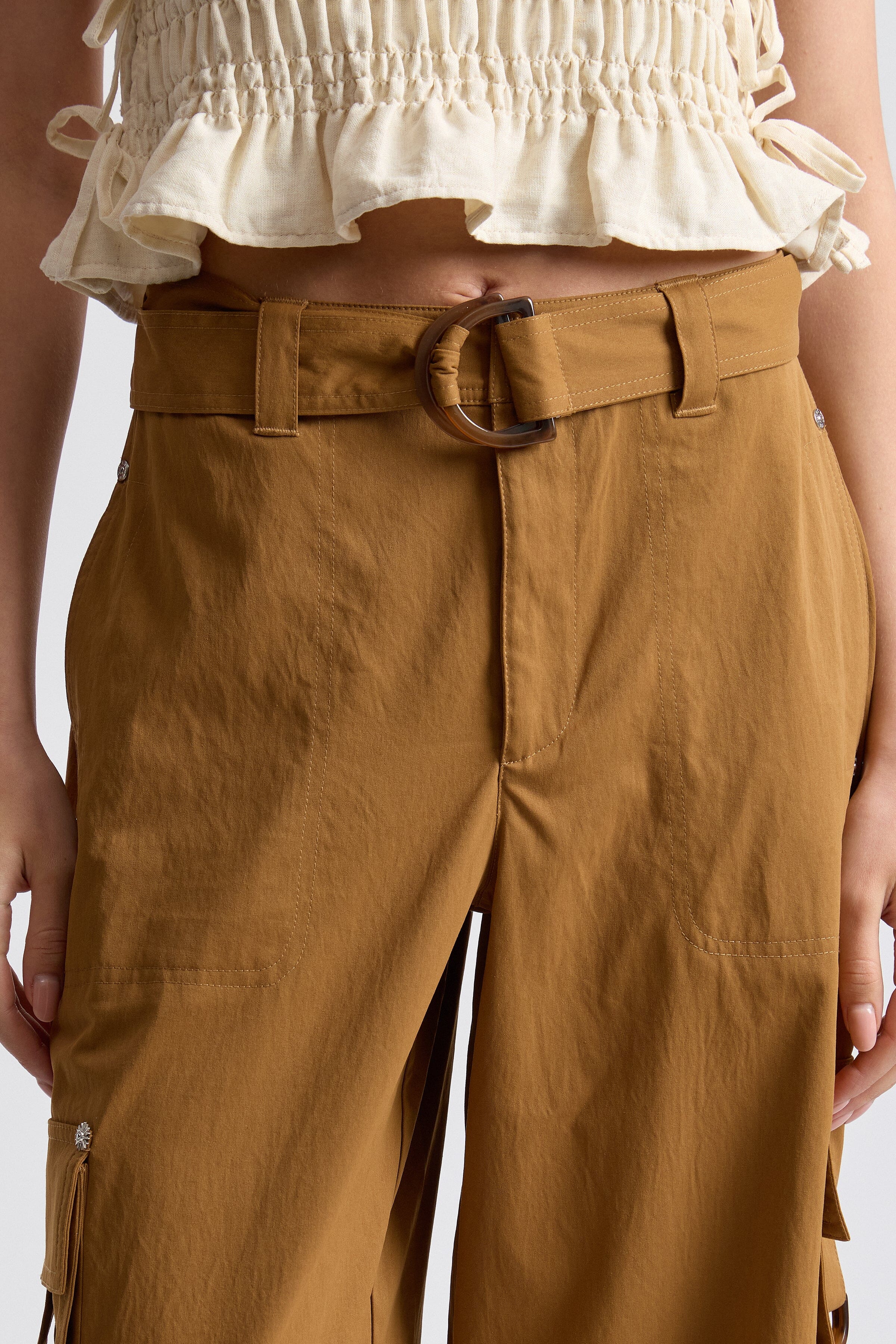 High rise brown cargo pants for women with removable belt - Shop designer brown cargo pants by Avec Les Filles