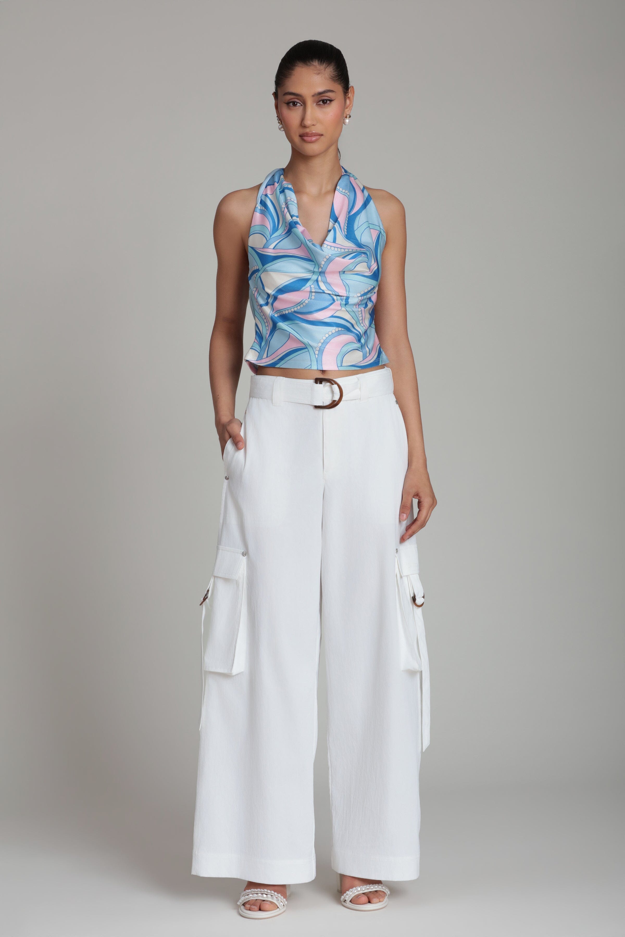 wide-leg white cargo pants with blue halter top - Shop women's white cargo pants and blue tops by Avec Les Filles.