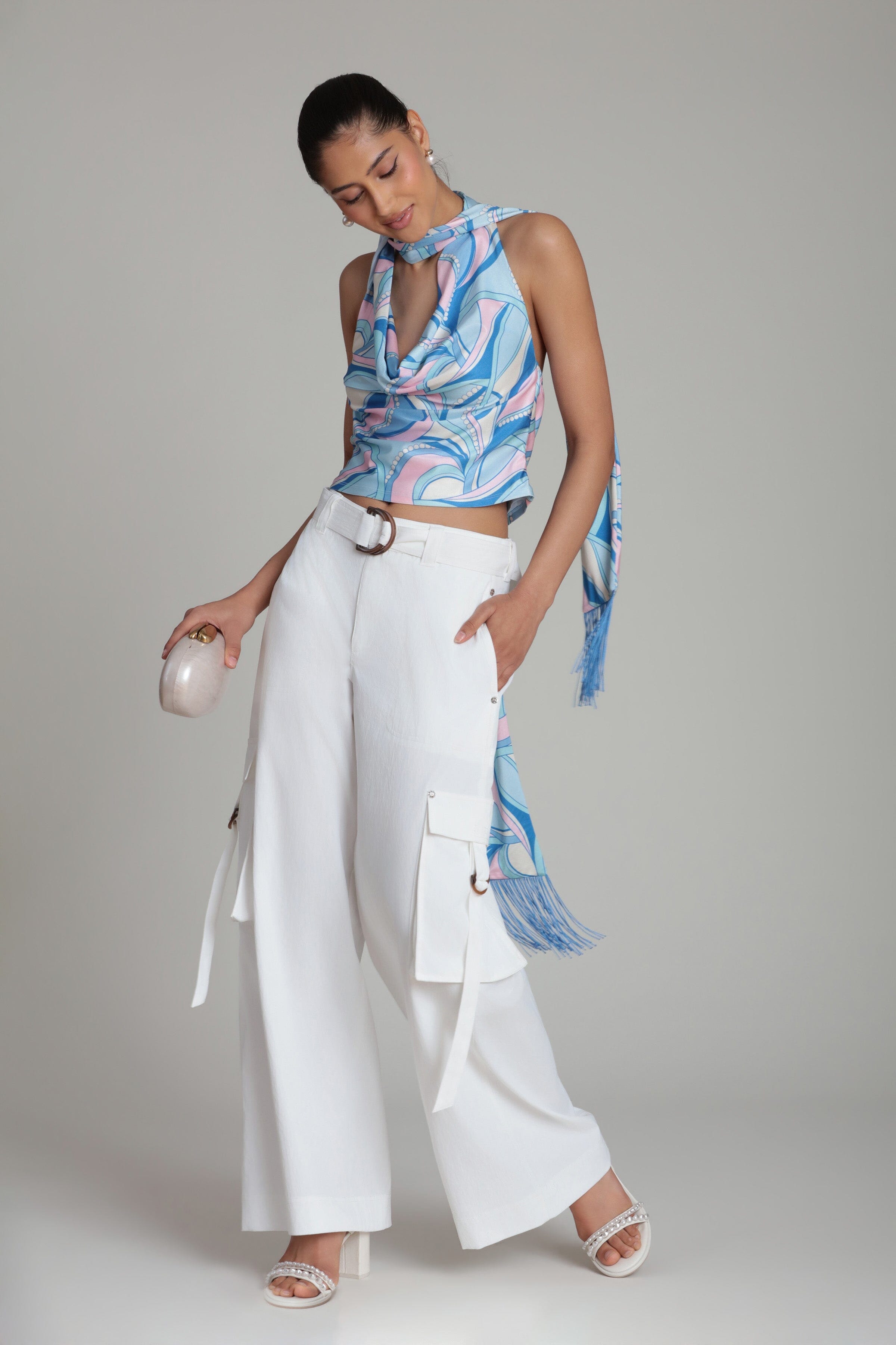Wide-leg white cargo pants with cowl neck halter top - Shop women's white cargo pants and tops by Avec Les Filles