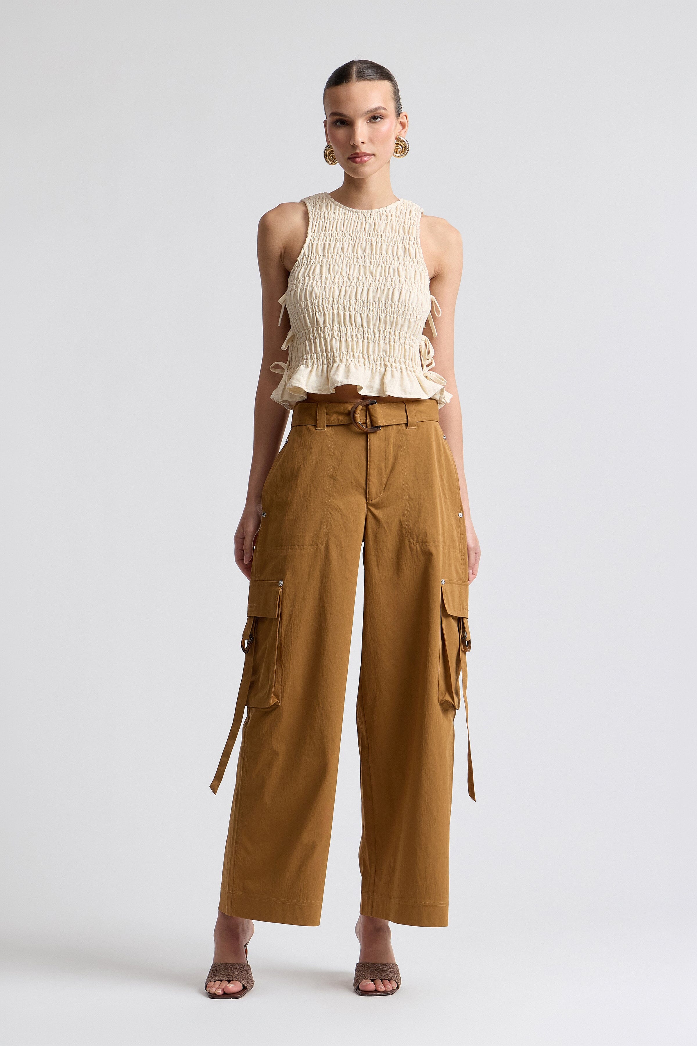 brown wide leg brown pants women with a removable belt - Shop designer women's brown cargo pants by Avec Les Filles