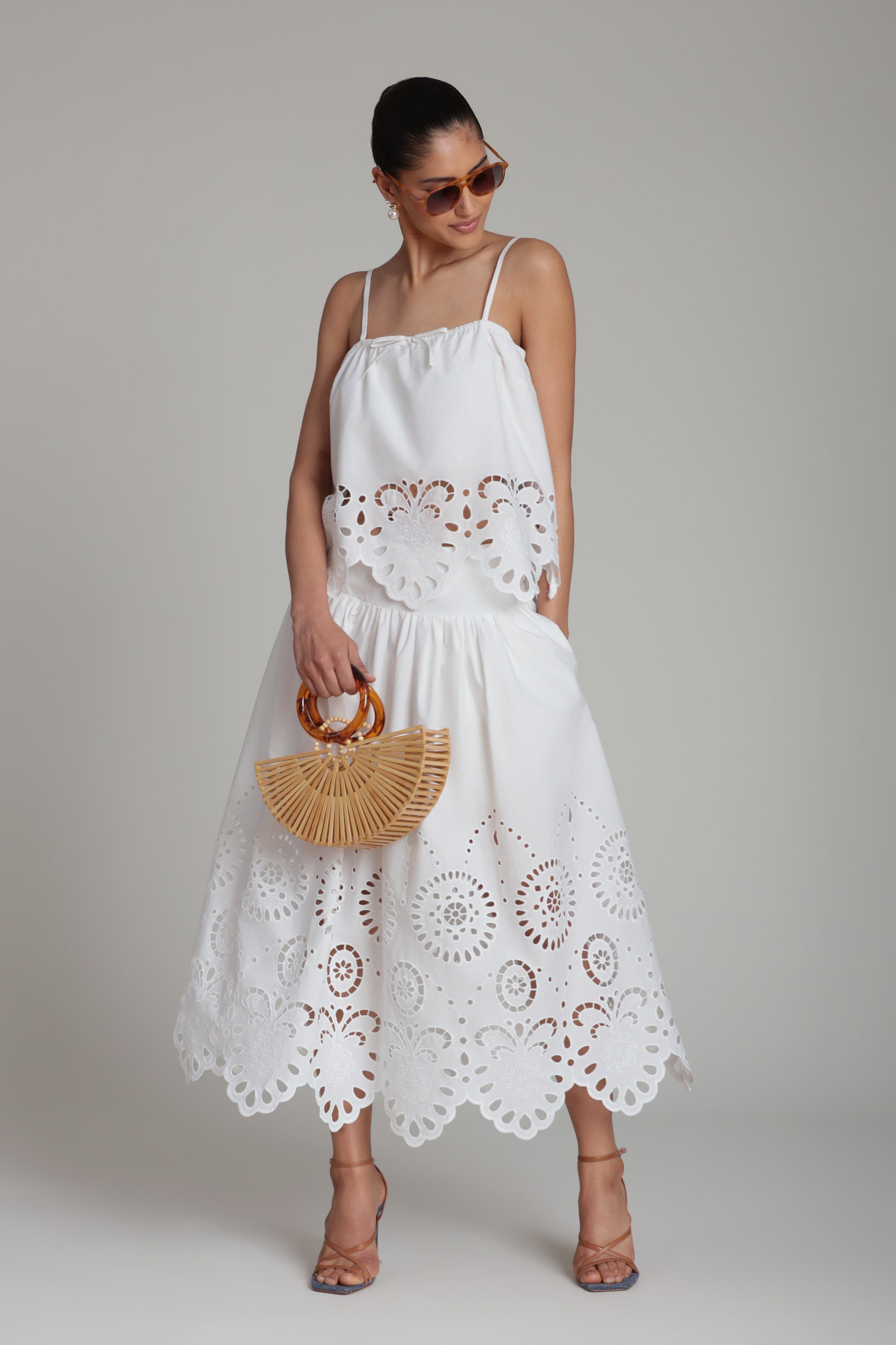 Embroidered cotton white eyelet tank top with midi skirt - Shop women's cute tops and skirts by Avec Les Filles