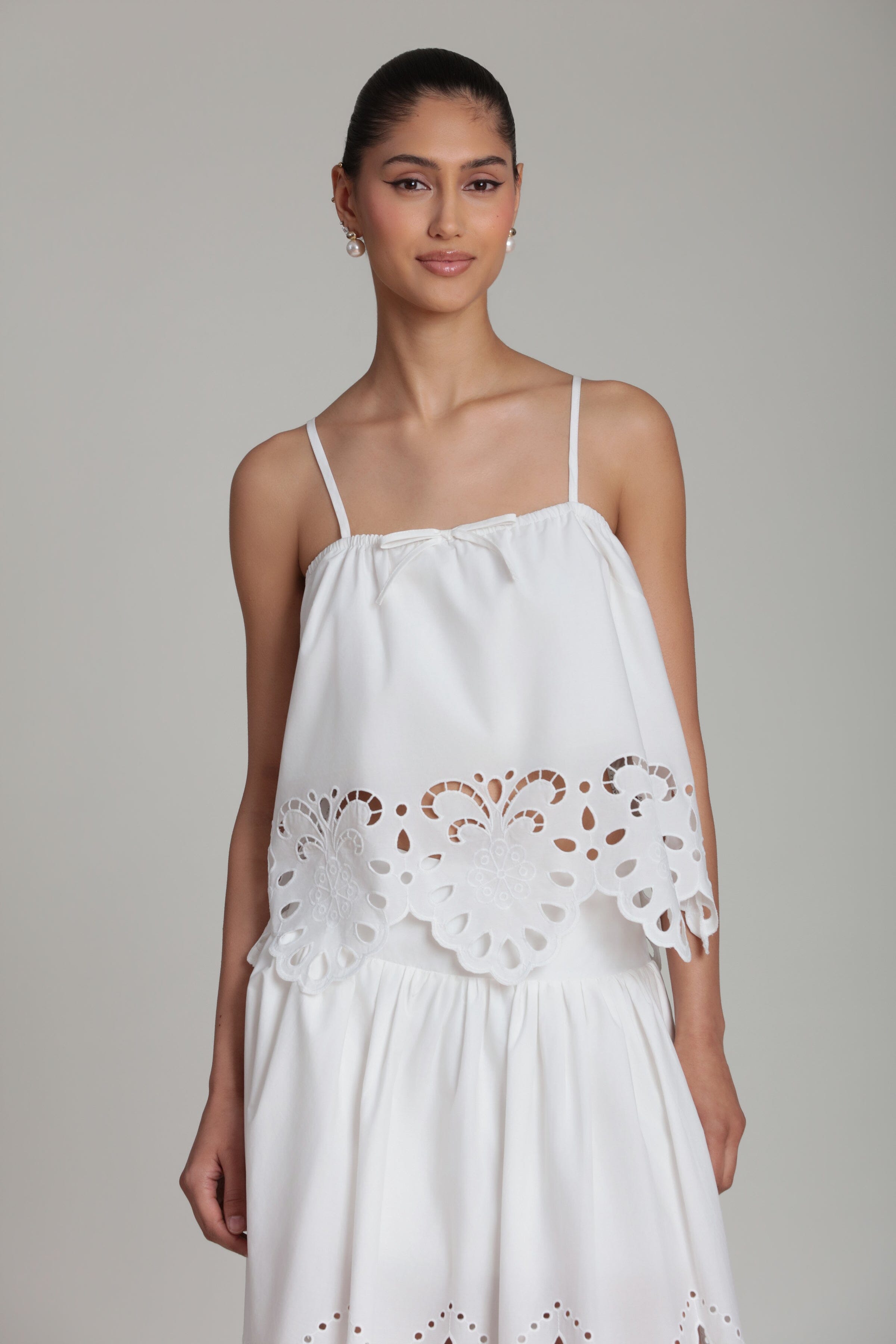 Embroidered cotton flowy white top with adjustable spaghetti straps - Shop women's cute cami tops by Avec Les Filles