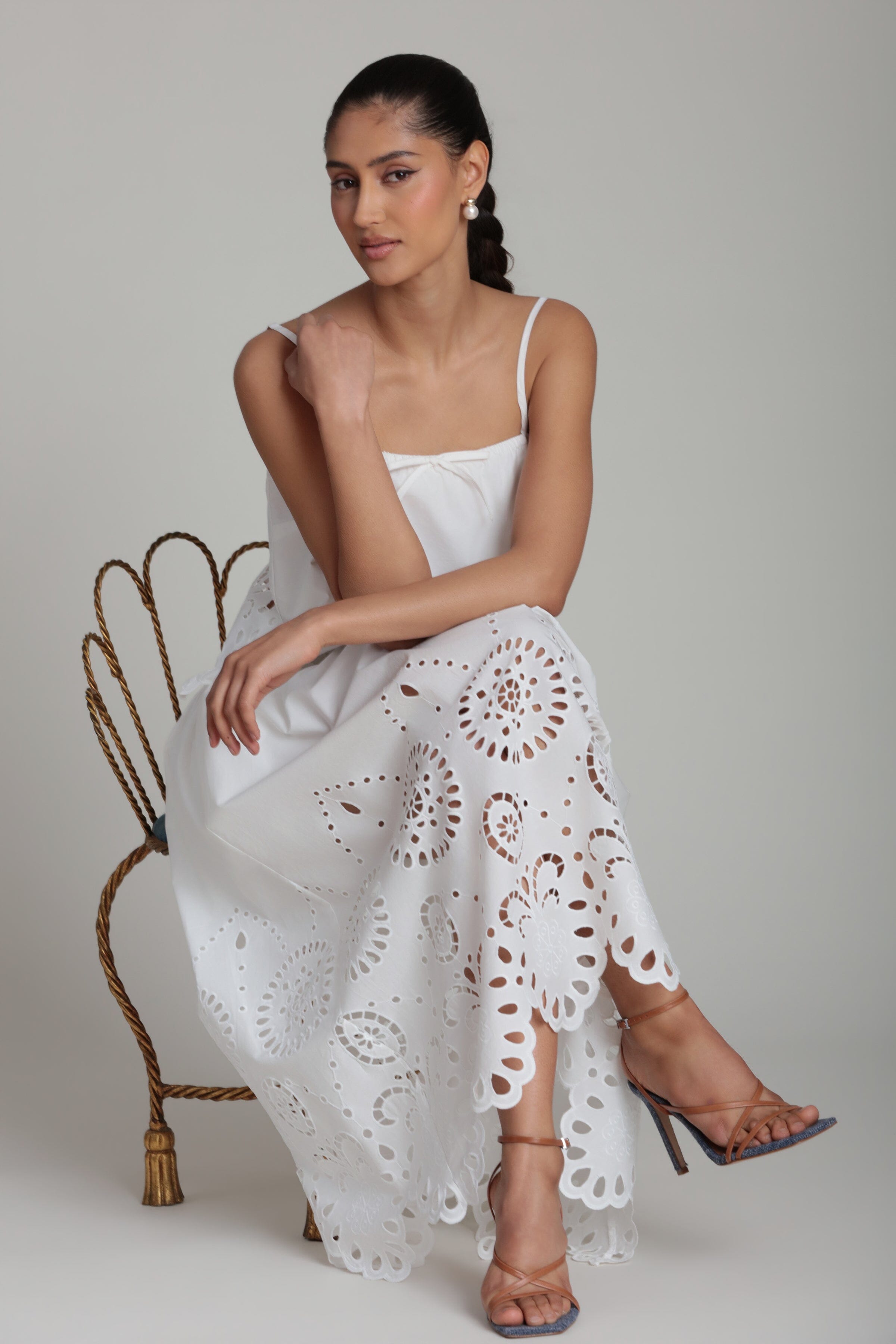 Cotton embroidered white eyelet midi skirt with flowy white top - Shop women's cute white midi skirts by Avec Les Filles