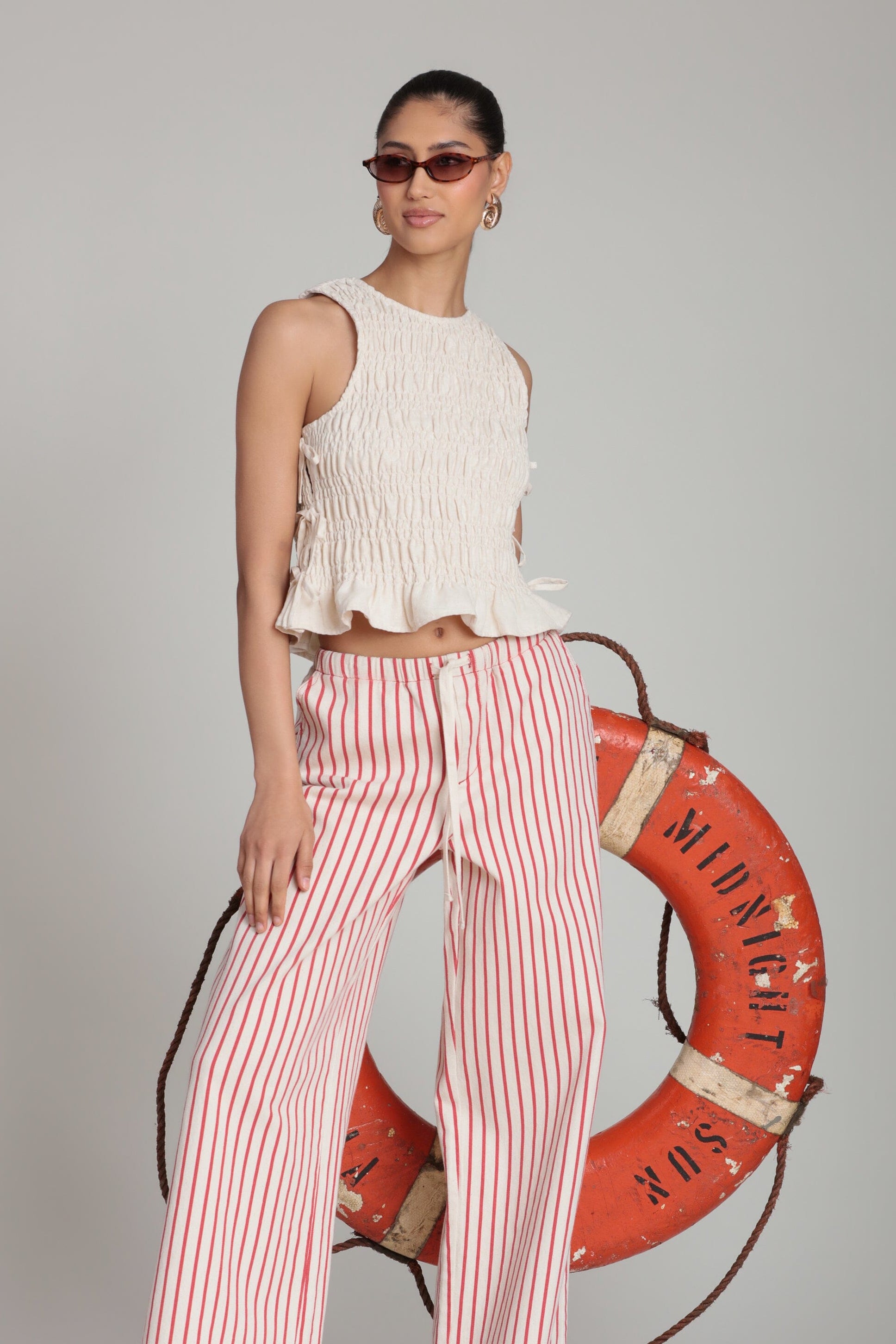 Linen blend side-tie sleeveless cream ruffle top with smocked bodice - Shop women's ruffle tops by Avec Les Filles