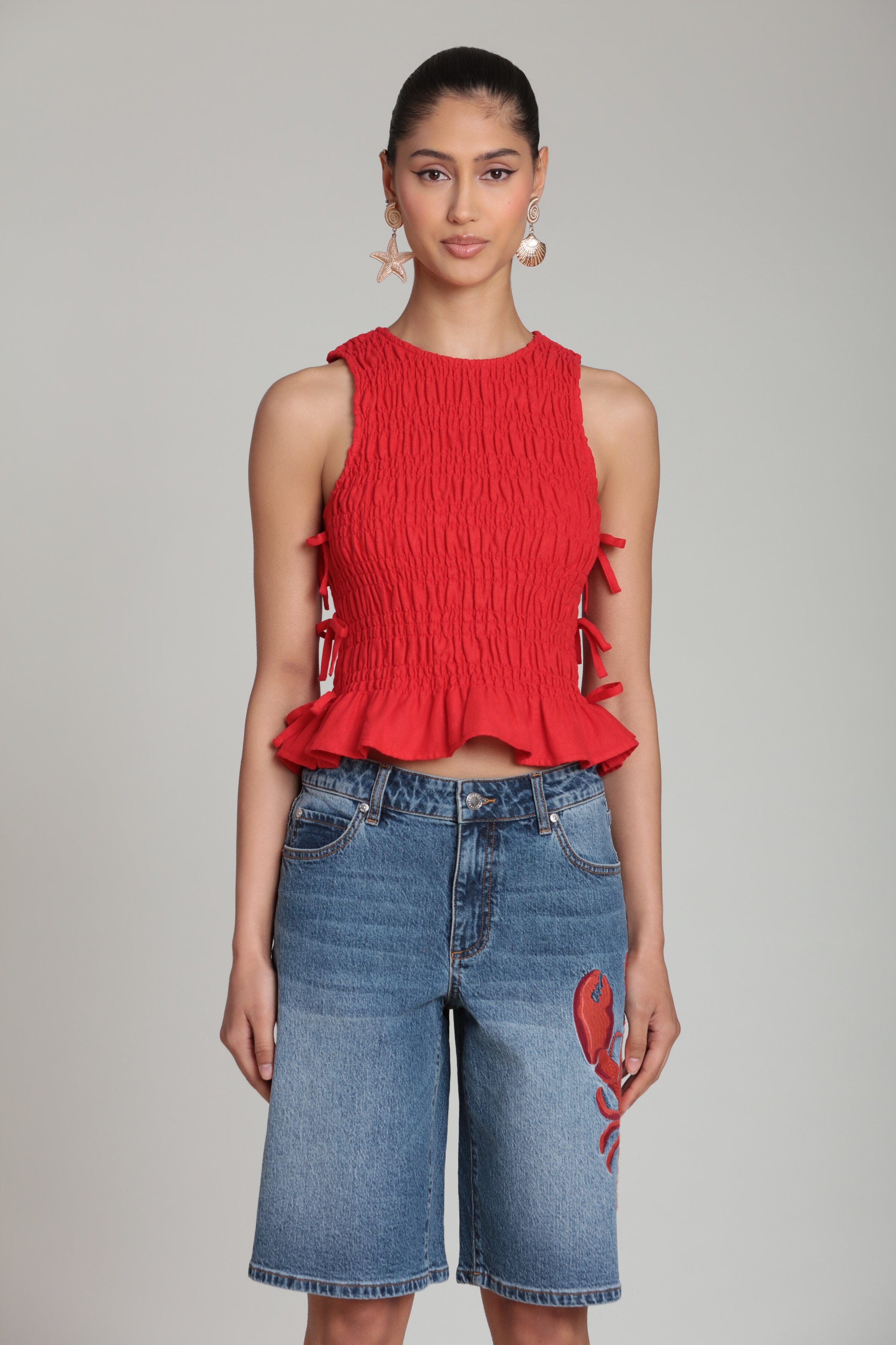 Linen blend side-tie sleeveless ruffle top red - Shop designer women's cute tank tops by Avec Les Filles