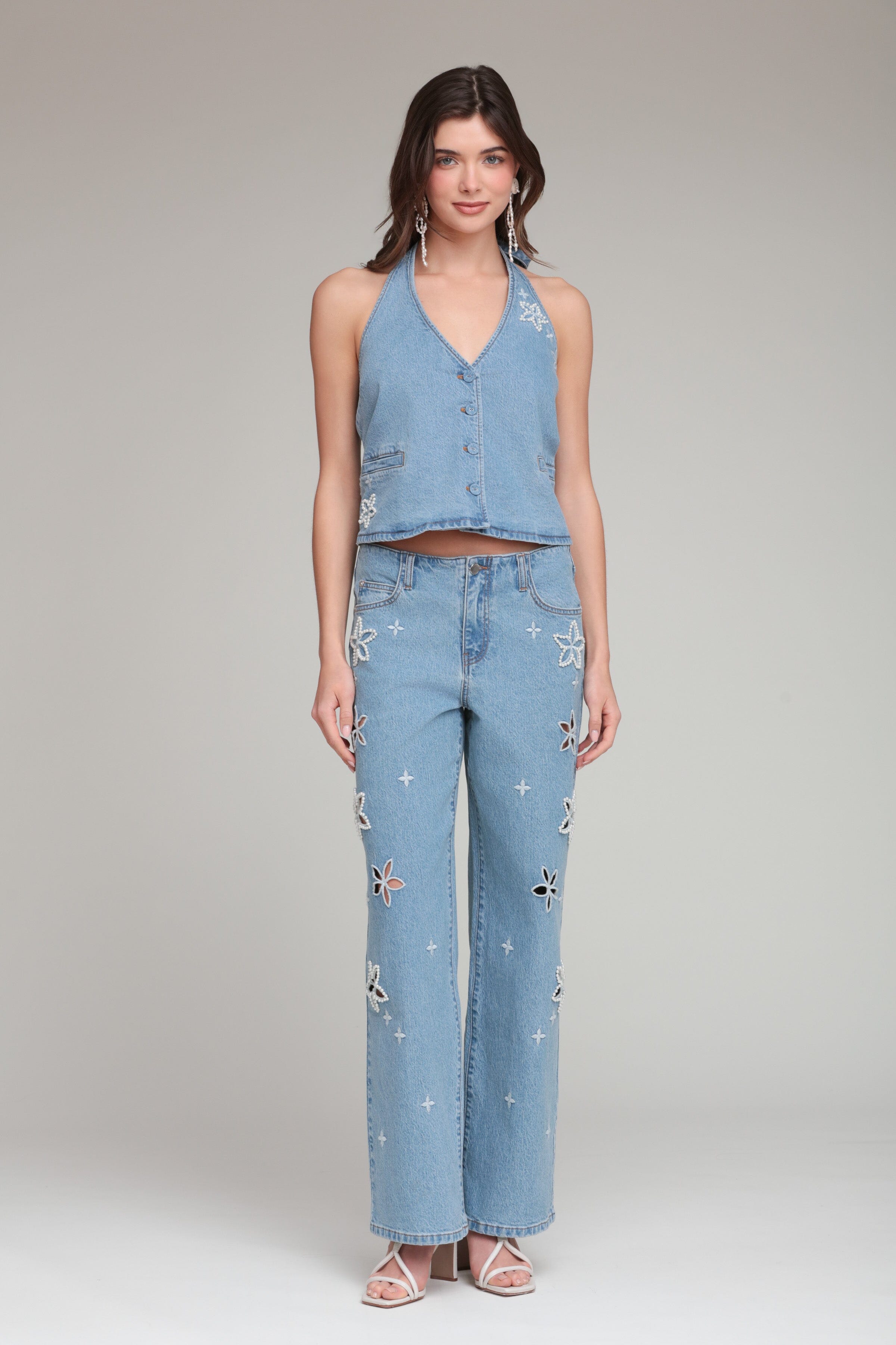 Pearl wide leg embroidered jeans with mid-rise and pockets - Shop embroidered denim jeans for women by Avec Les Filles