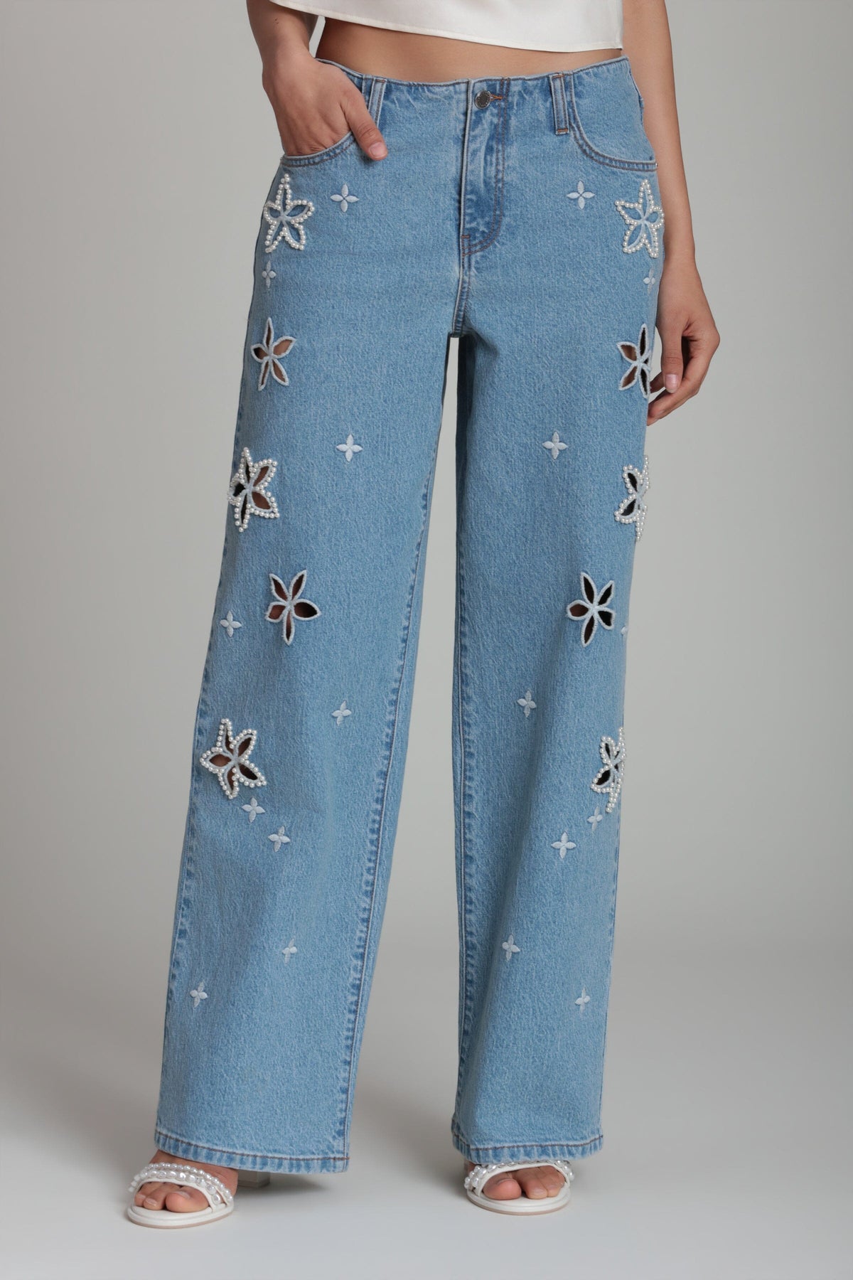 Pearl Light Blue Embroidered Wide Leg Jeans