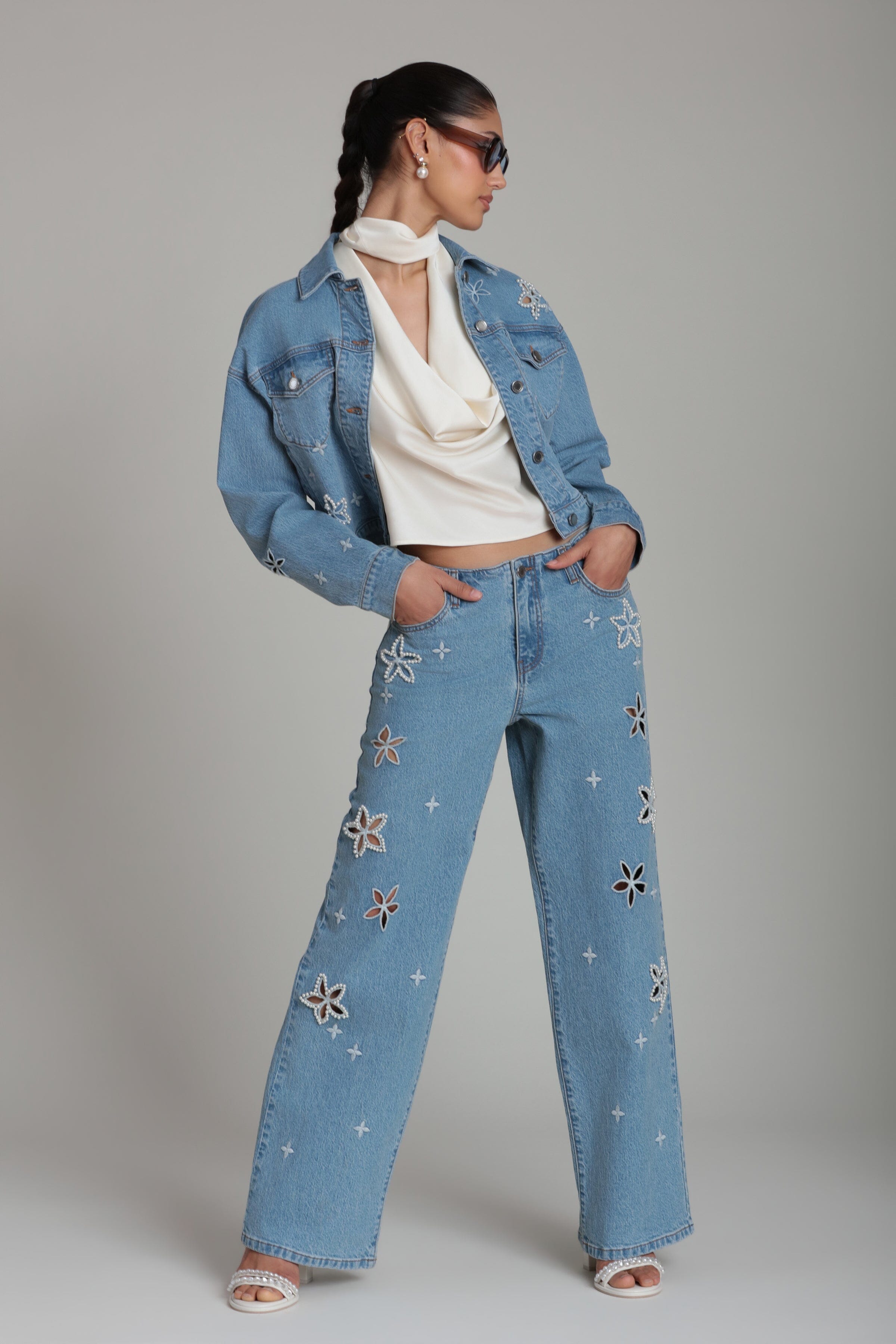 Pearl Light Blue Embroidered Wide Leg Jeans