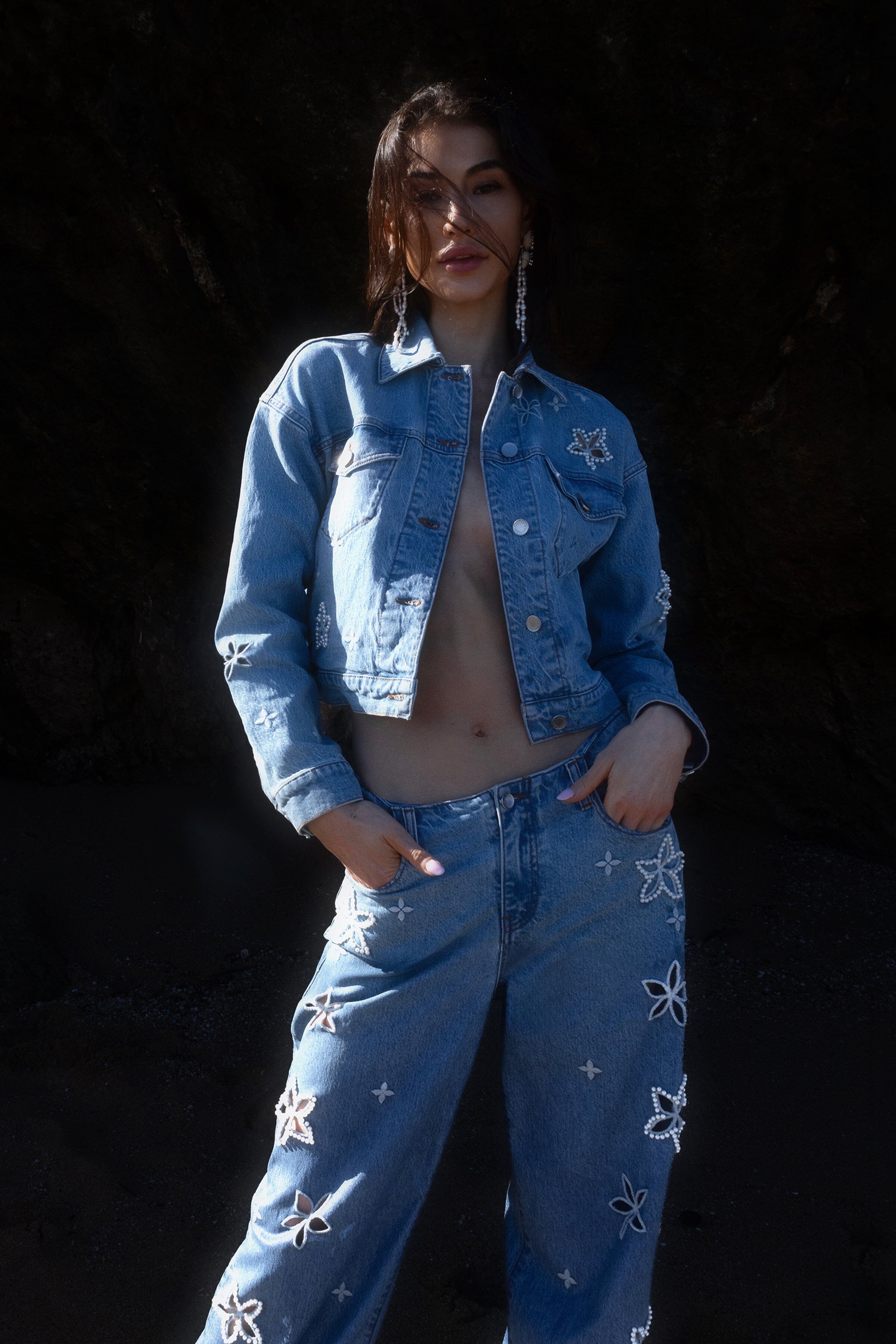 Embroidered floral denim jacket with a front button and long sleeves - womens cropped denim jacket by Avec Les Filles.