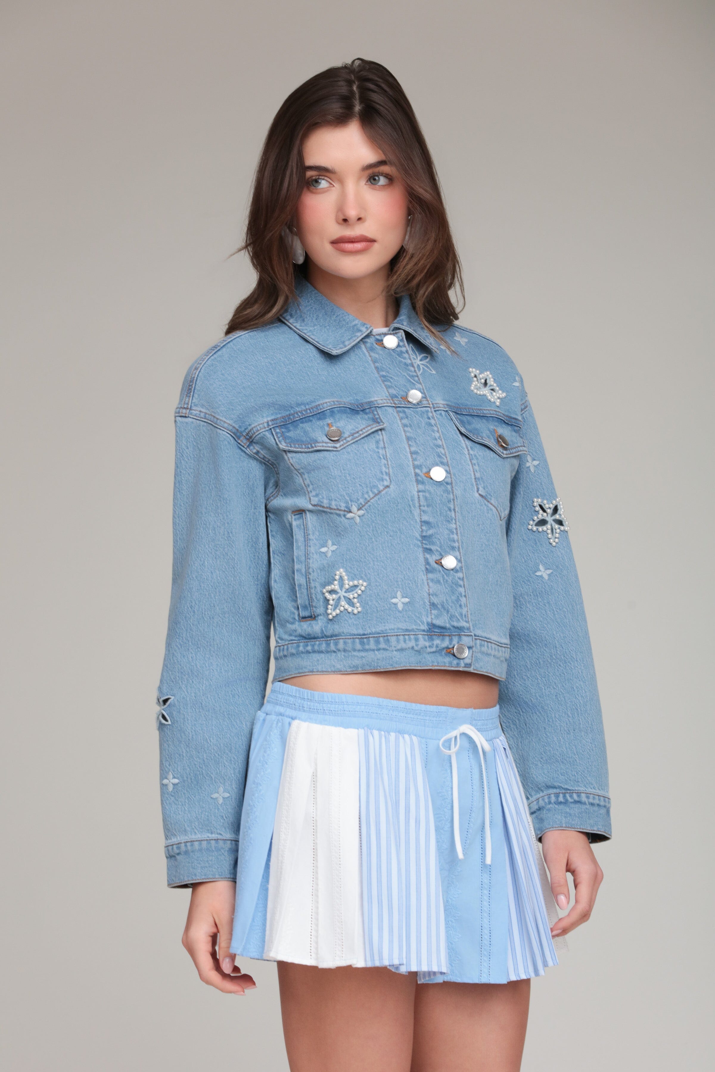 Pearl Fleur Embellished Denim Cropped Jacket