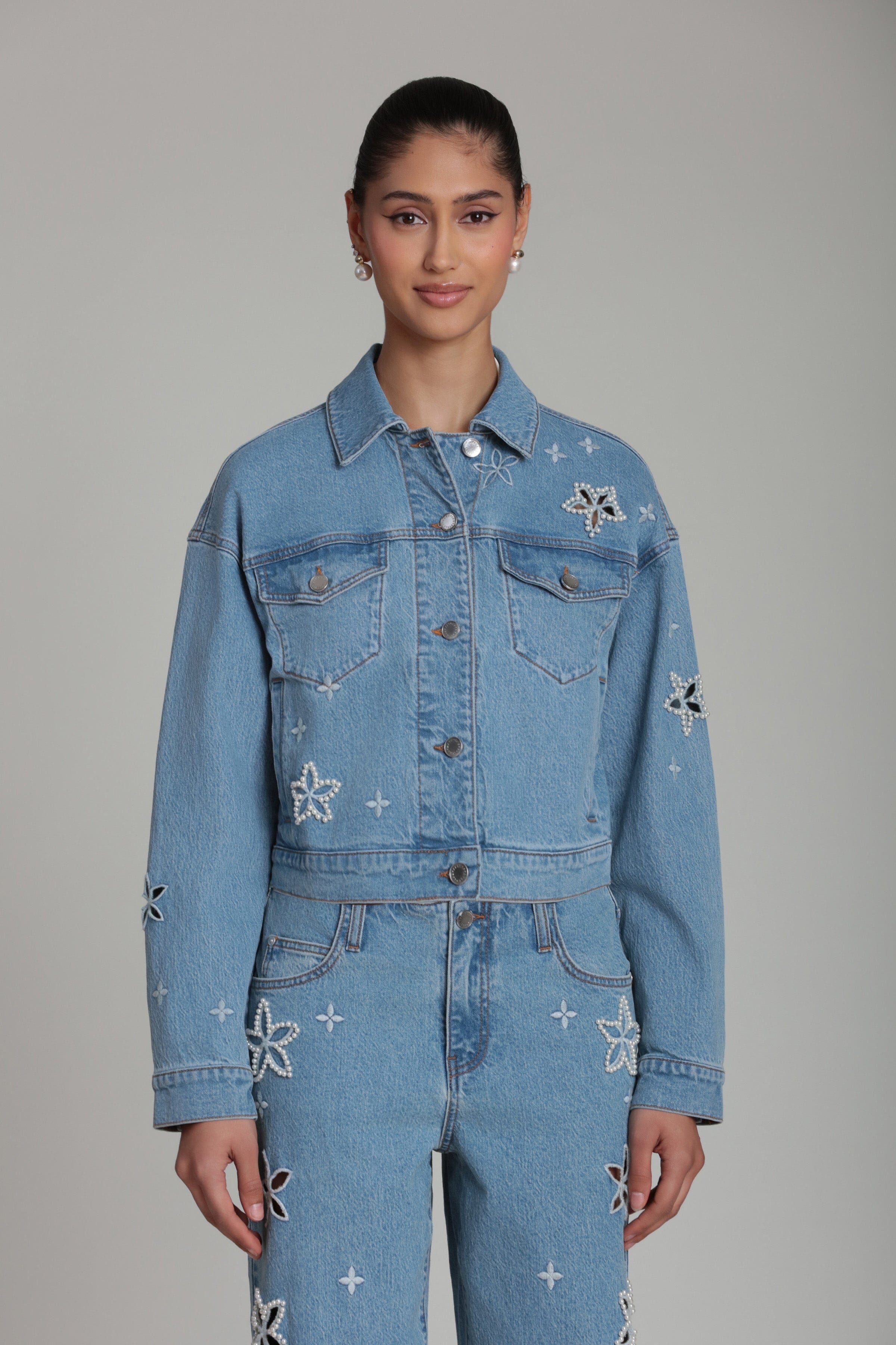Embroidered floral denim jacket with a front button and long sleeves - womens cropped denim jacket by Avec Les Filles.
