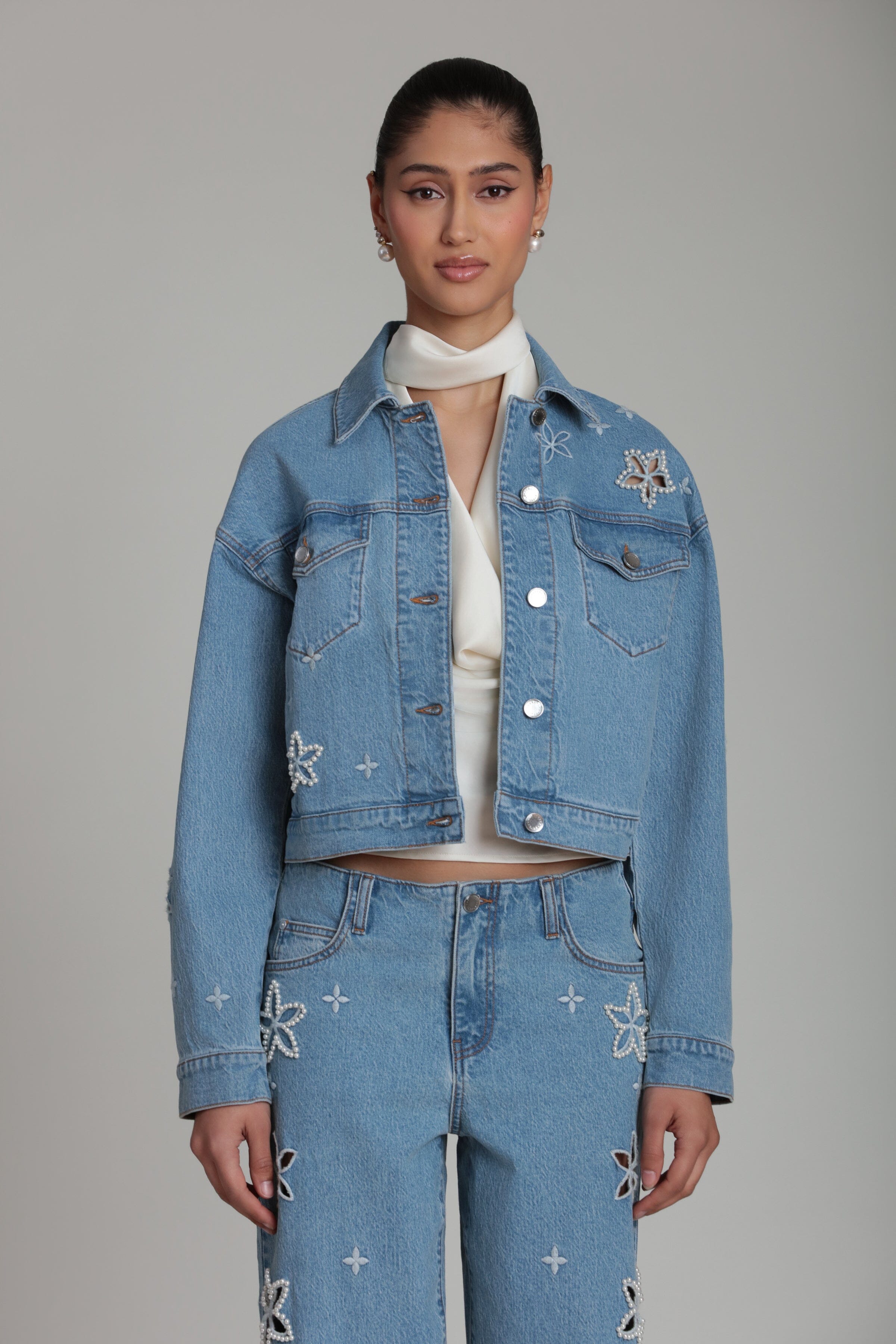 Pearl Fleur Embellished Denim Cropped Jacket