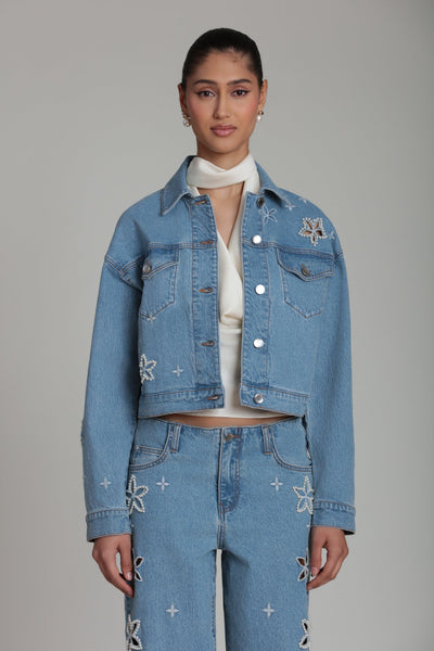 Pearl Fleur Embellished Denim Cropped Jacket