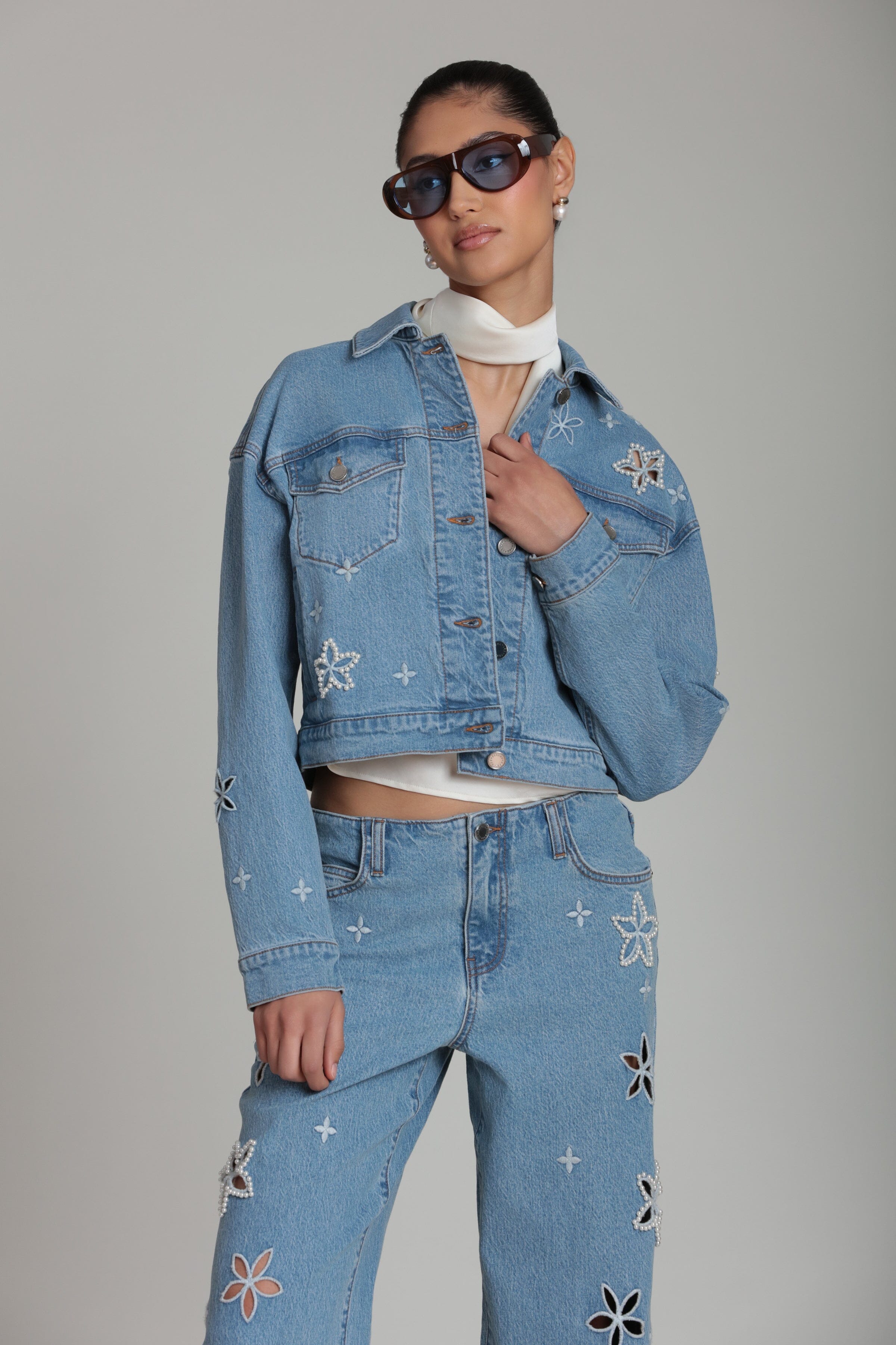 Pearl embellished cropped denim jackets in cotton-blend with a front button and long sleeves by Avec Les Filles