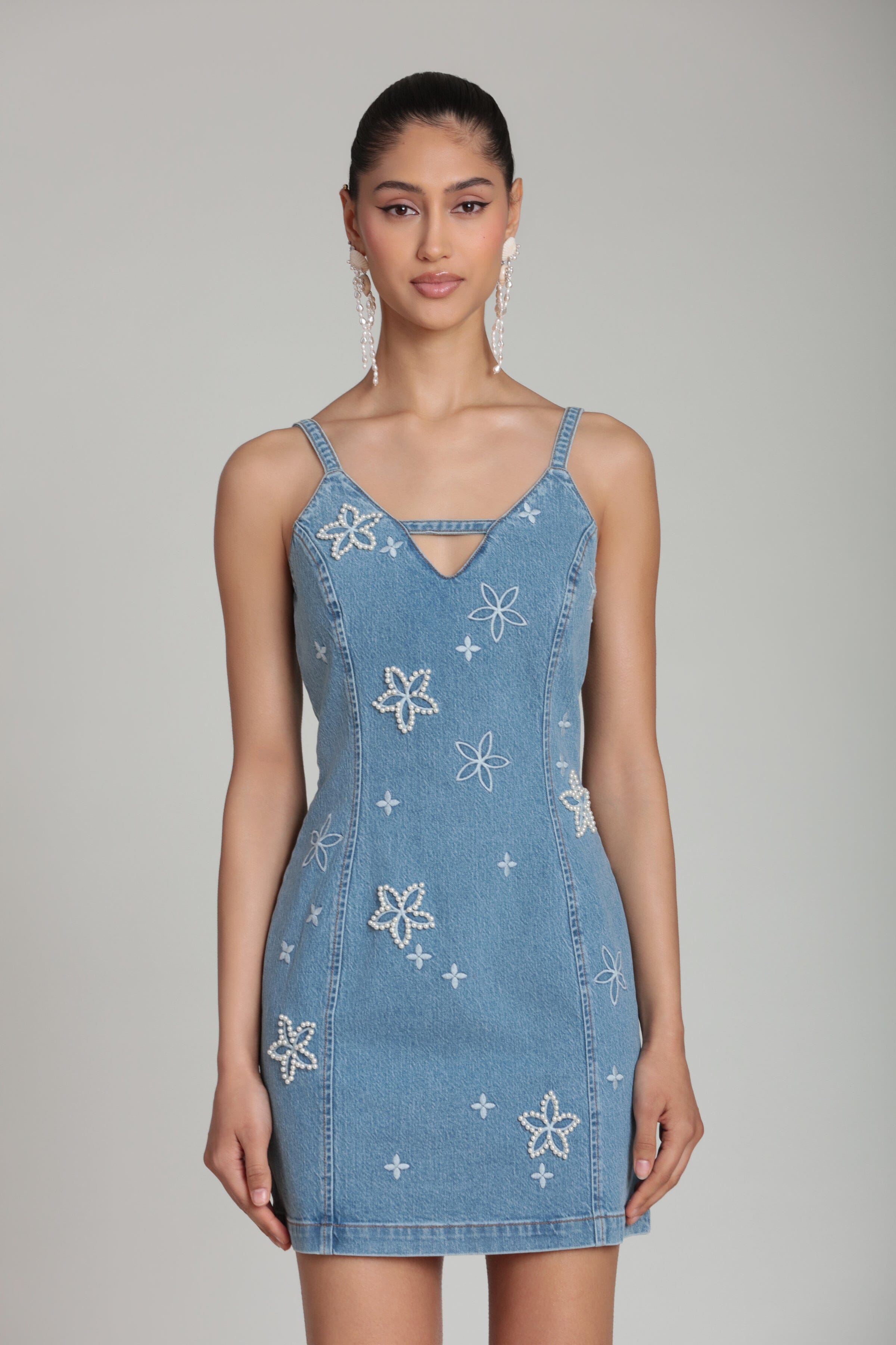 Sleeveless denim mini dress with V-neck and adjustable straps - Shop women's denim mini dresses by Avec Les Filles