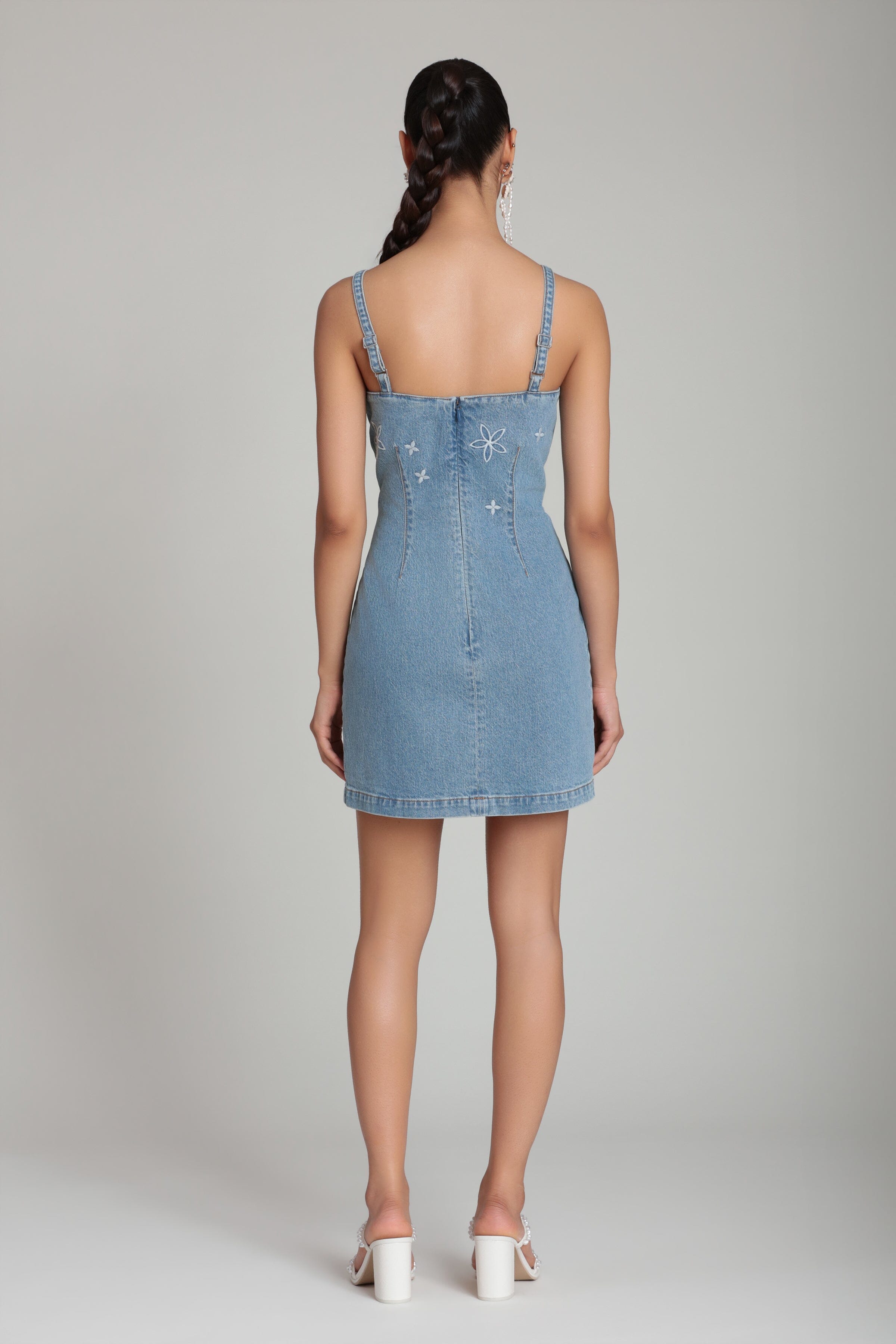 white christmas dresses Pearl Fleur Embellished Sleveless Denim Mini Dress