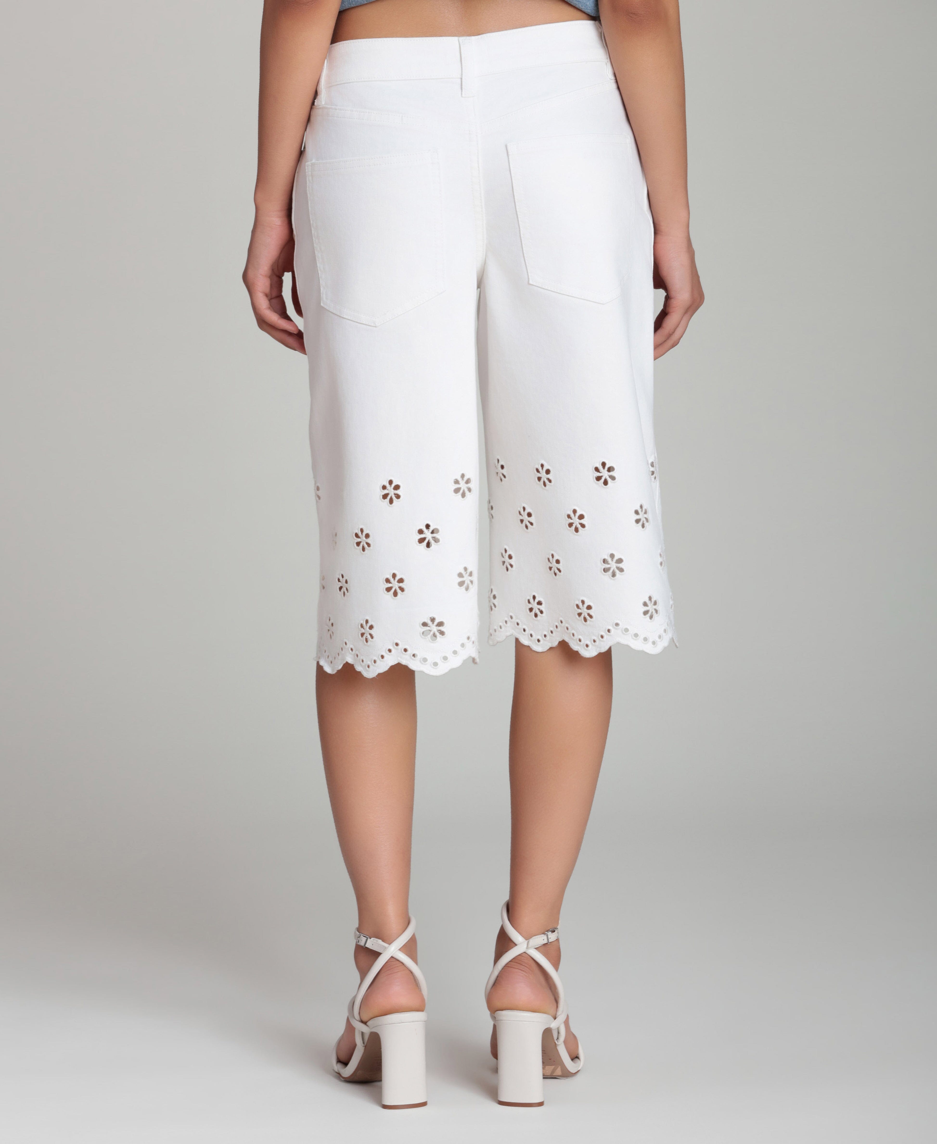 Eyelet embroidered stretch white denim bermuda shorts - Shop designer women's white bermuda shorts by Avec Les Filles