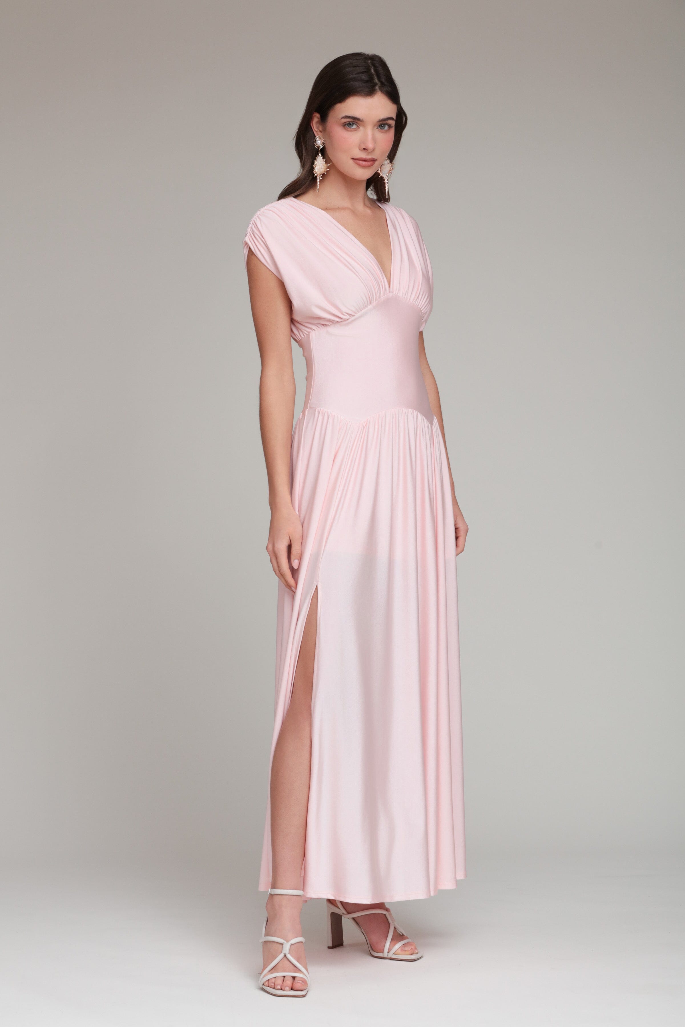 open lace back dress Shirred Jersey Blush Pink Maxi Dress