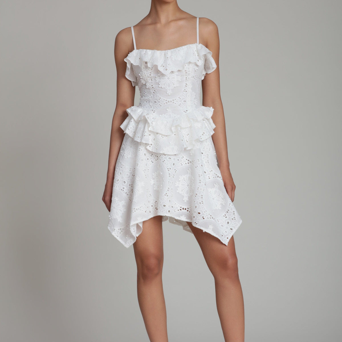 Avec Les Filles Women's Sweetheart Straps Ruffle Handkerchief Hem Mini Dress - White