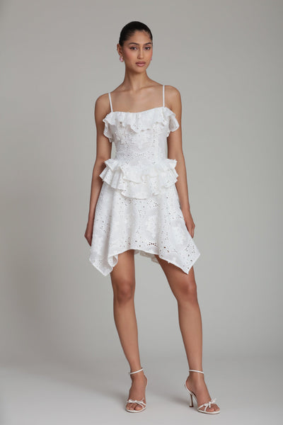 Avec Les Filles Women's Sweetheart Straps Ruffle Handkerchief Hem Mini Dress - White