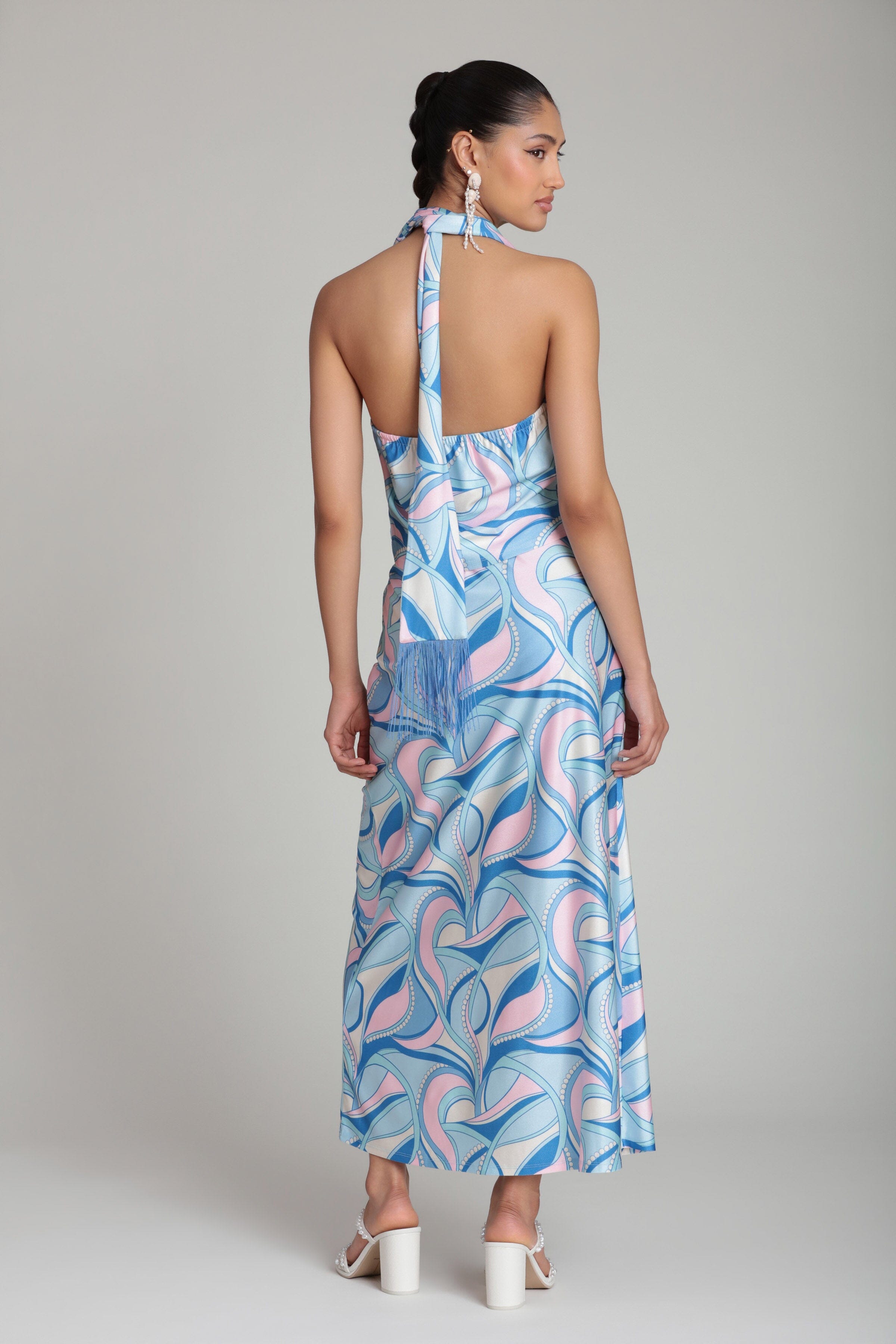 Satin Paisley Scarf Tie Blue Cowl Neck Halter Top