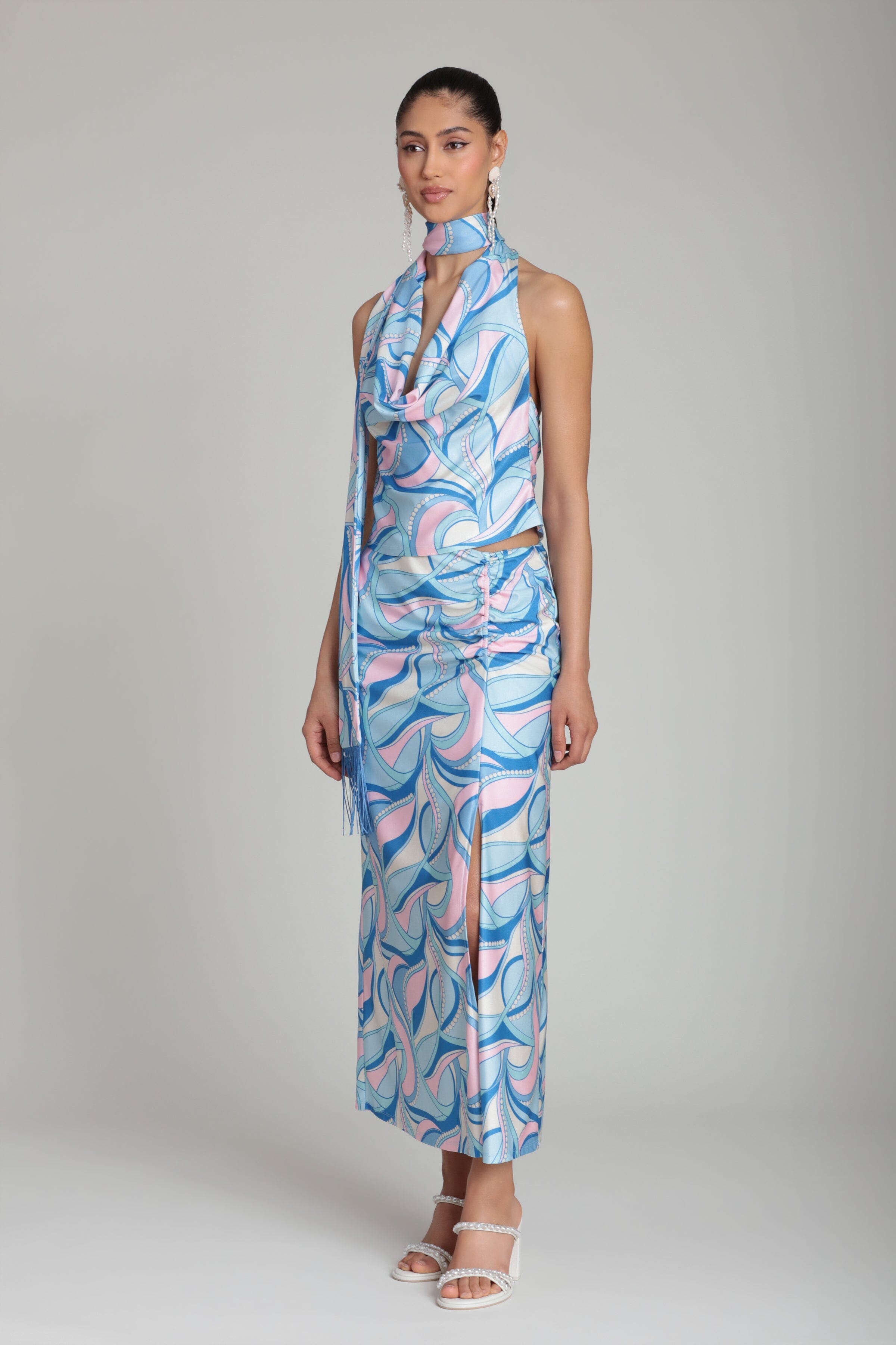 Satin Paisley Scarf Tie Blue Cowl Neck Halter Top