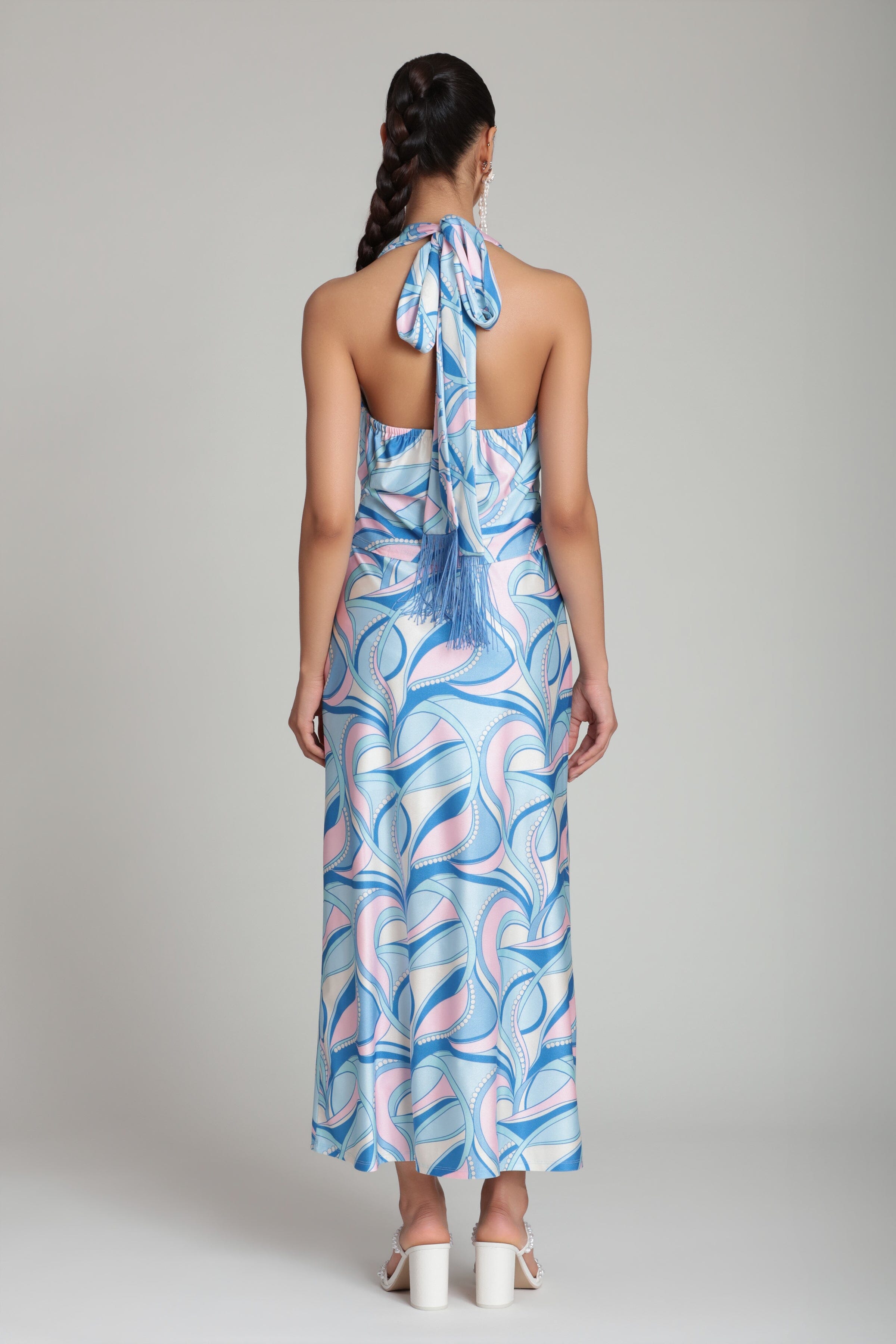 Satin sleeveless blue paisley blue halter top with cowl neck - Shop designer women's cute satin tops by Avec Les Filles