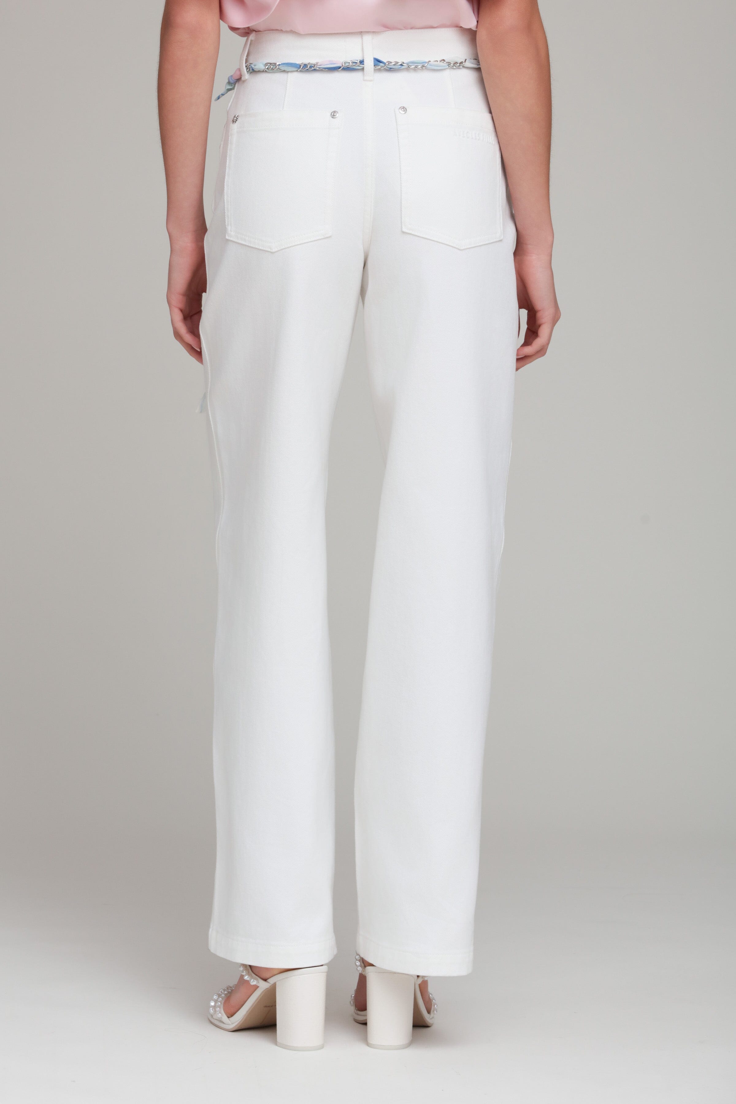 Wide-leg white denim flare Jeans in cotton with chain belt - Shop women's cute denim jeans pants by Avec Les Filles