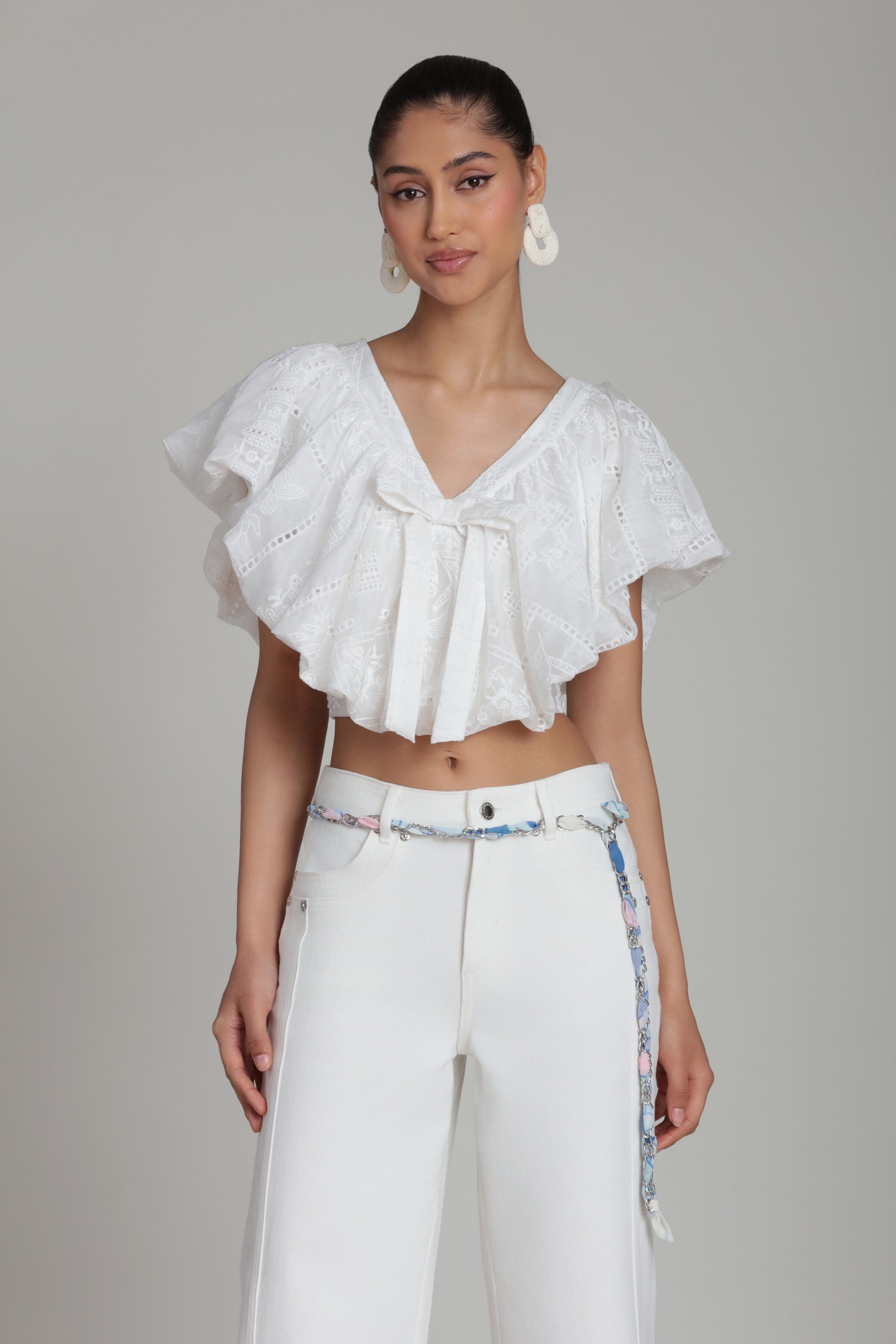 Embroidered white ruffle crop top with a deep V-neckline - Shop designer women's cute crop tops by Avec Les Filles