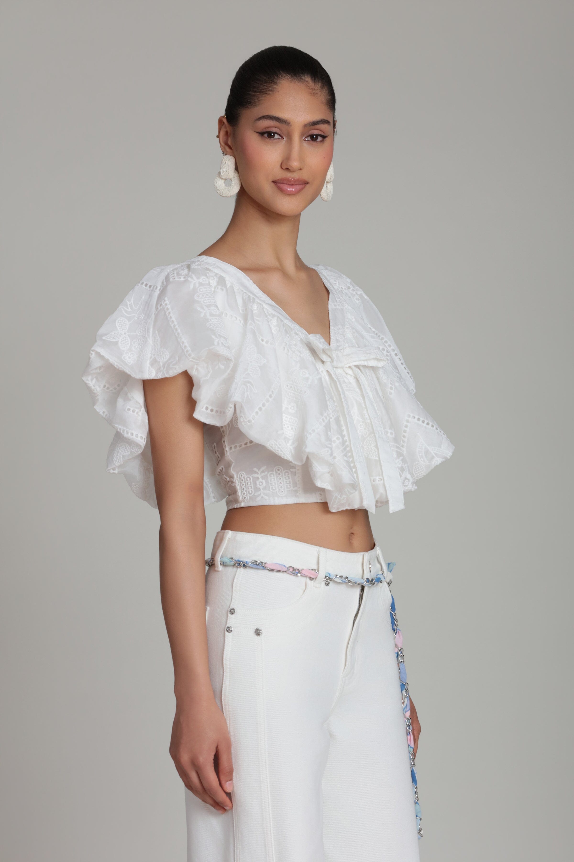 Embroidered white flowy crop top with a deep V-neckline - Shop designer women's cute crop tops by Avec Les Filles