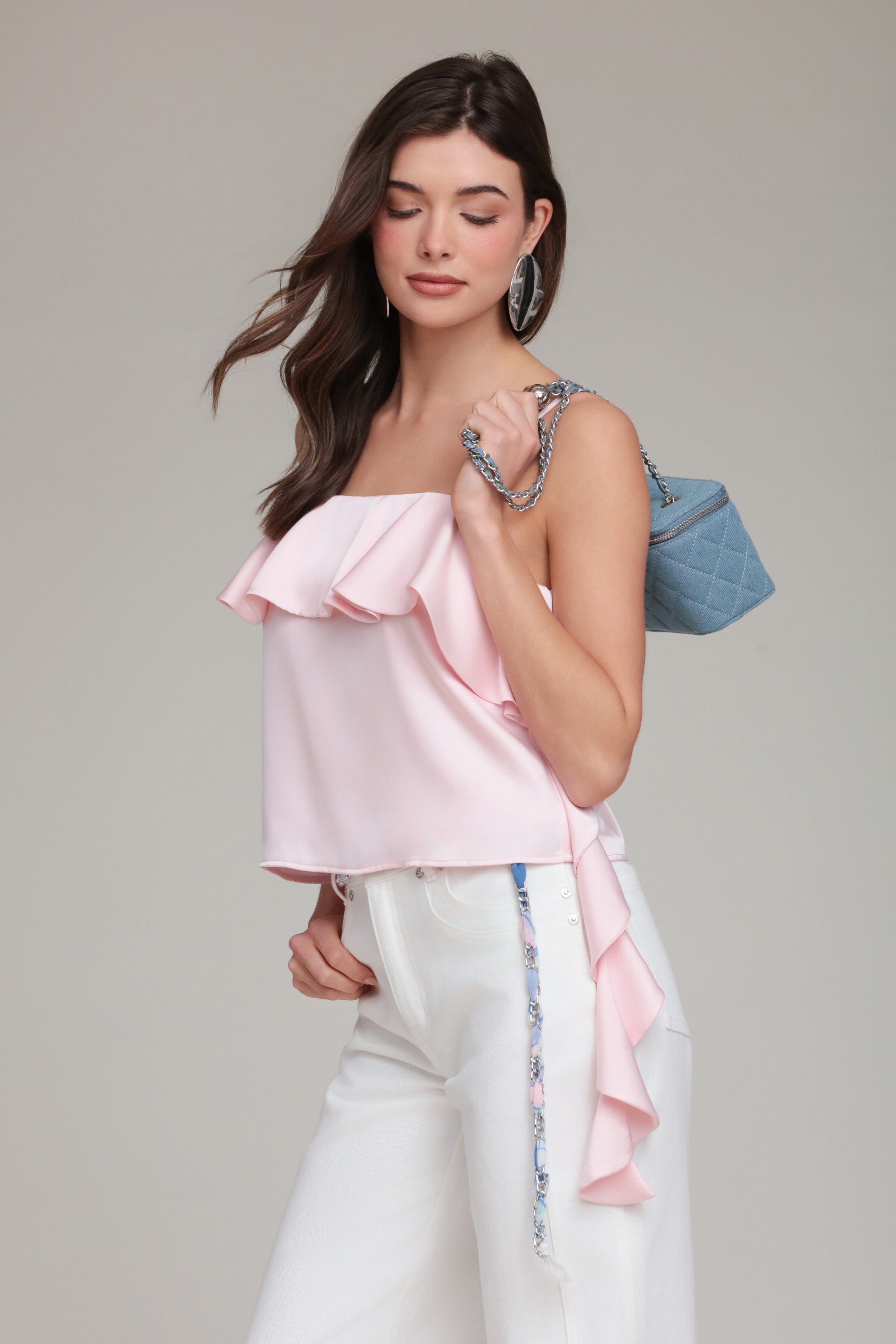 Satin Asymmetric Ruffle Pink Tank Top