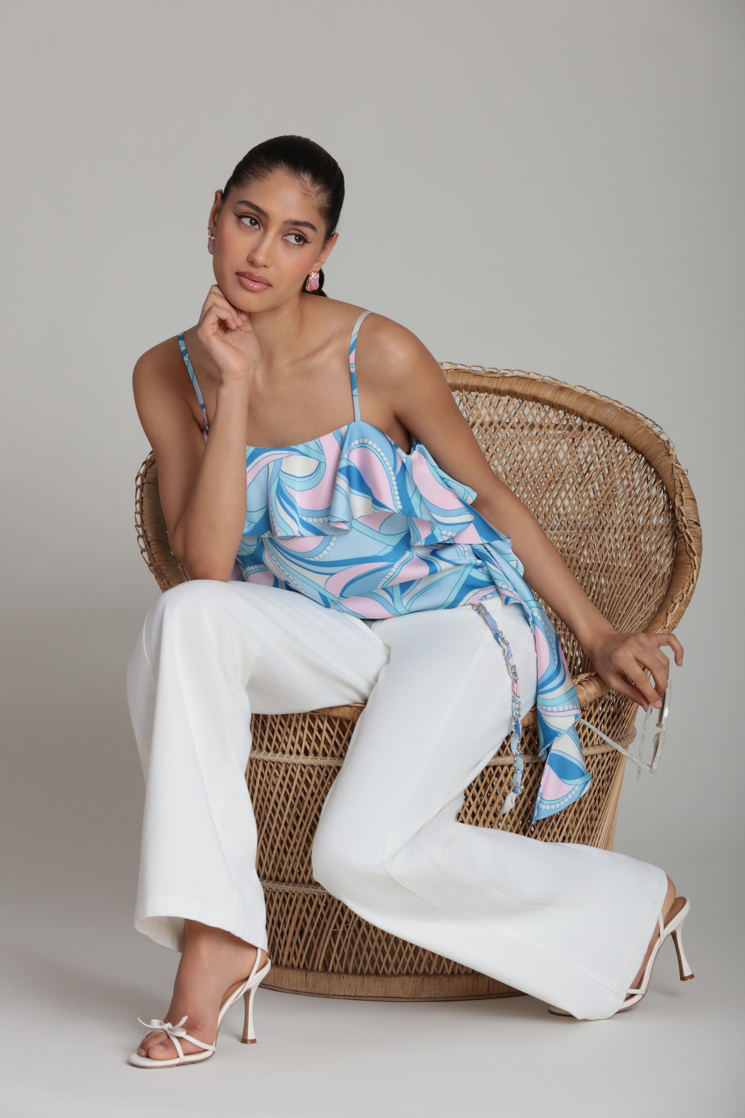 Paisley asymmetric ruffle satin cami top with adjustable spaghetti straps by Avec Les Filles.