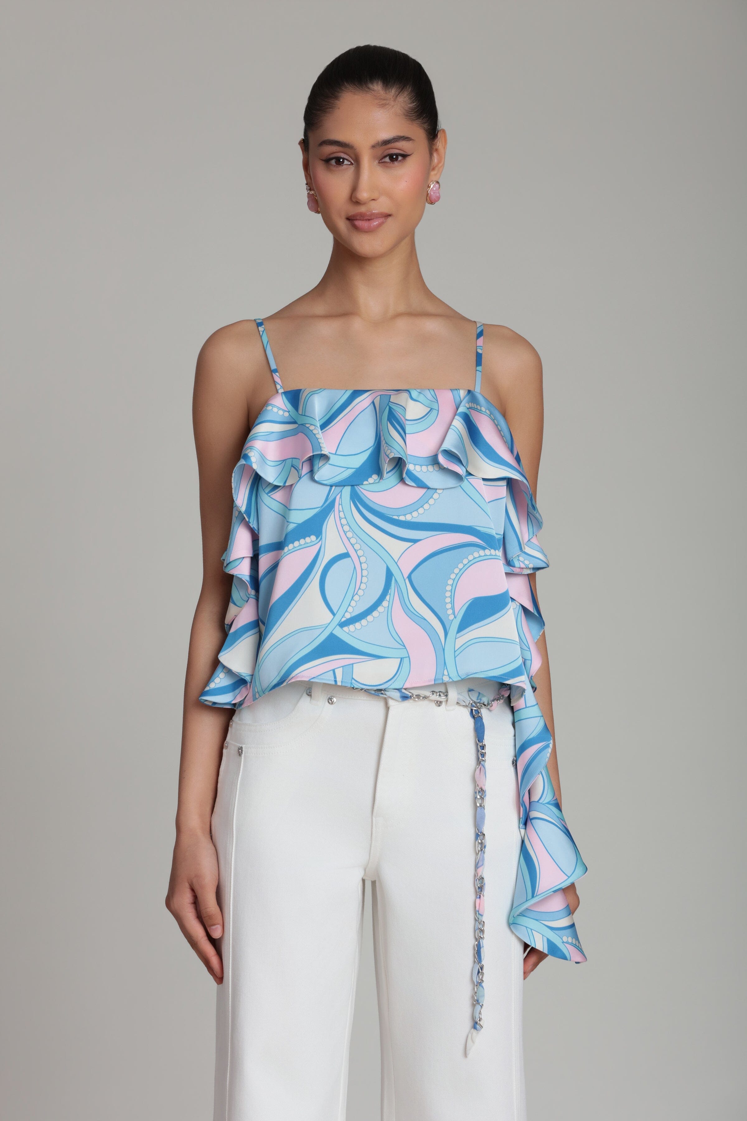 Paisley asymmetric ruffle satin tank top with adjustable spaghetti straps. Shop women's cute tank top by Avec Les Filles.