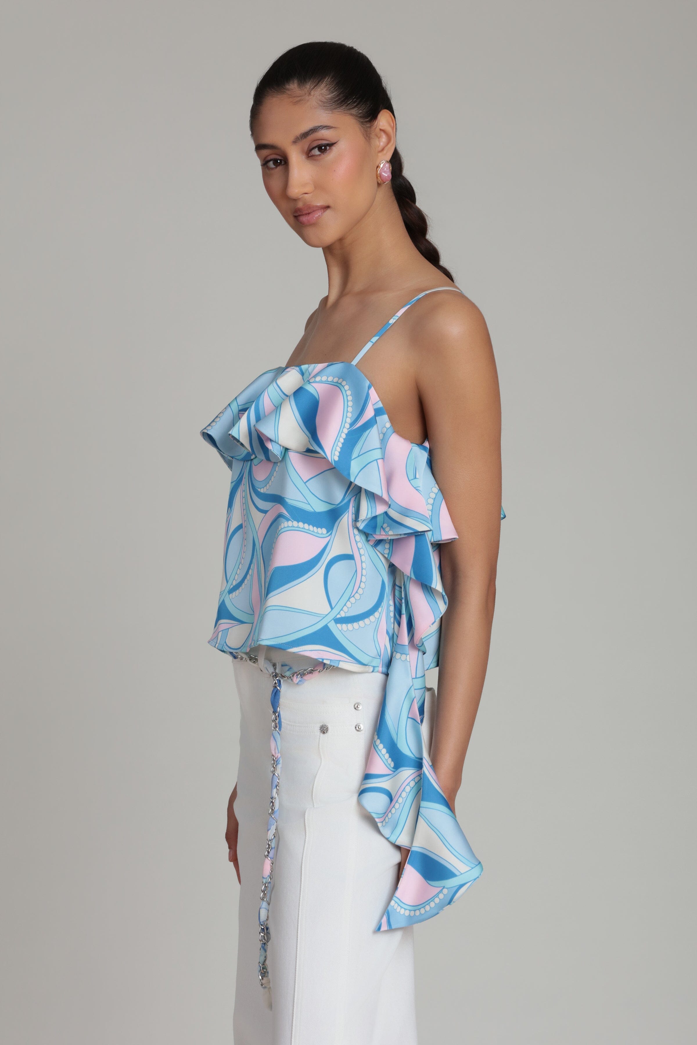 Paisley Asymmetric Ruffle Satin Cami Top