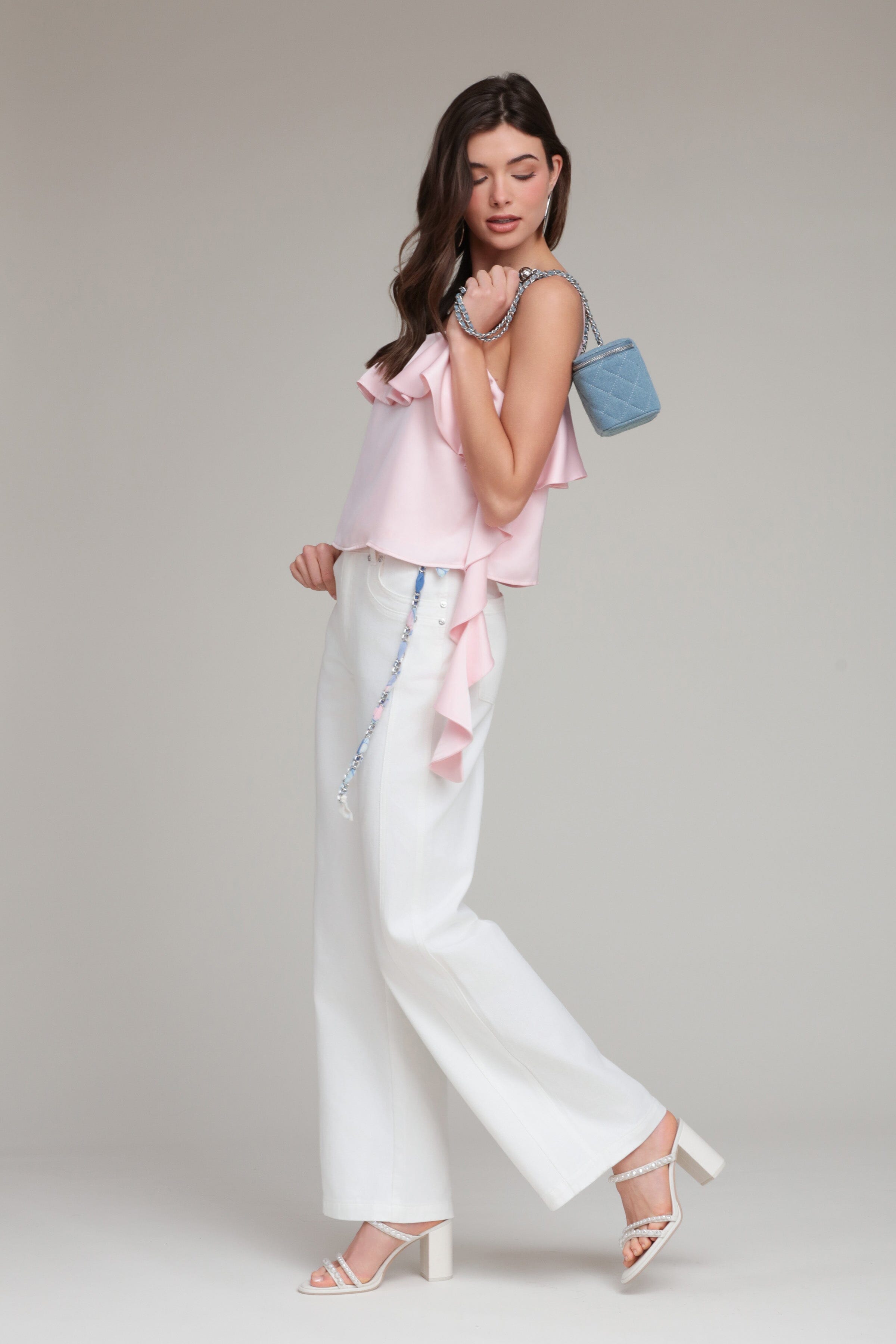 Satin asymmetric ruffle pink tank top with adjustable straps - Shop designer women's cute tank tops by Avec Les Filles