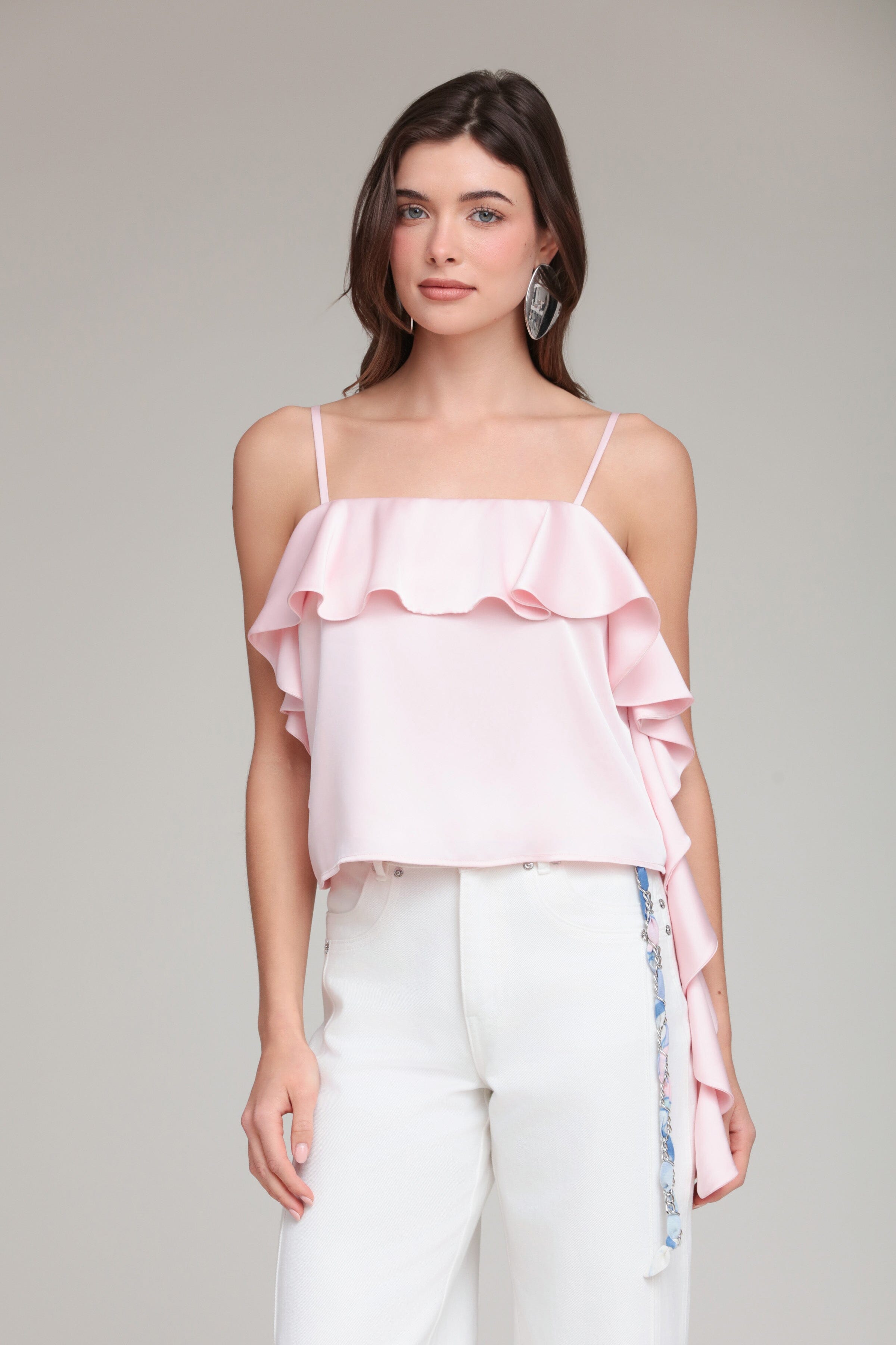 Asymmetric ruffle pink satin tank top with adjustable spaghetti straps. Shop designer women's cute tank tops by Avec Les Filles