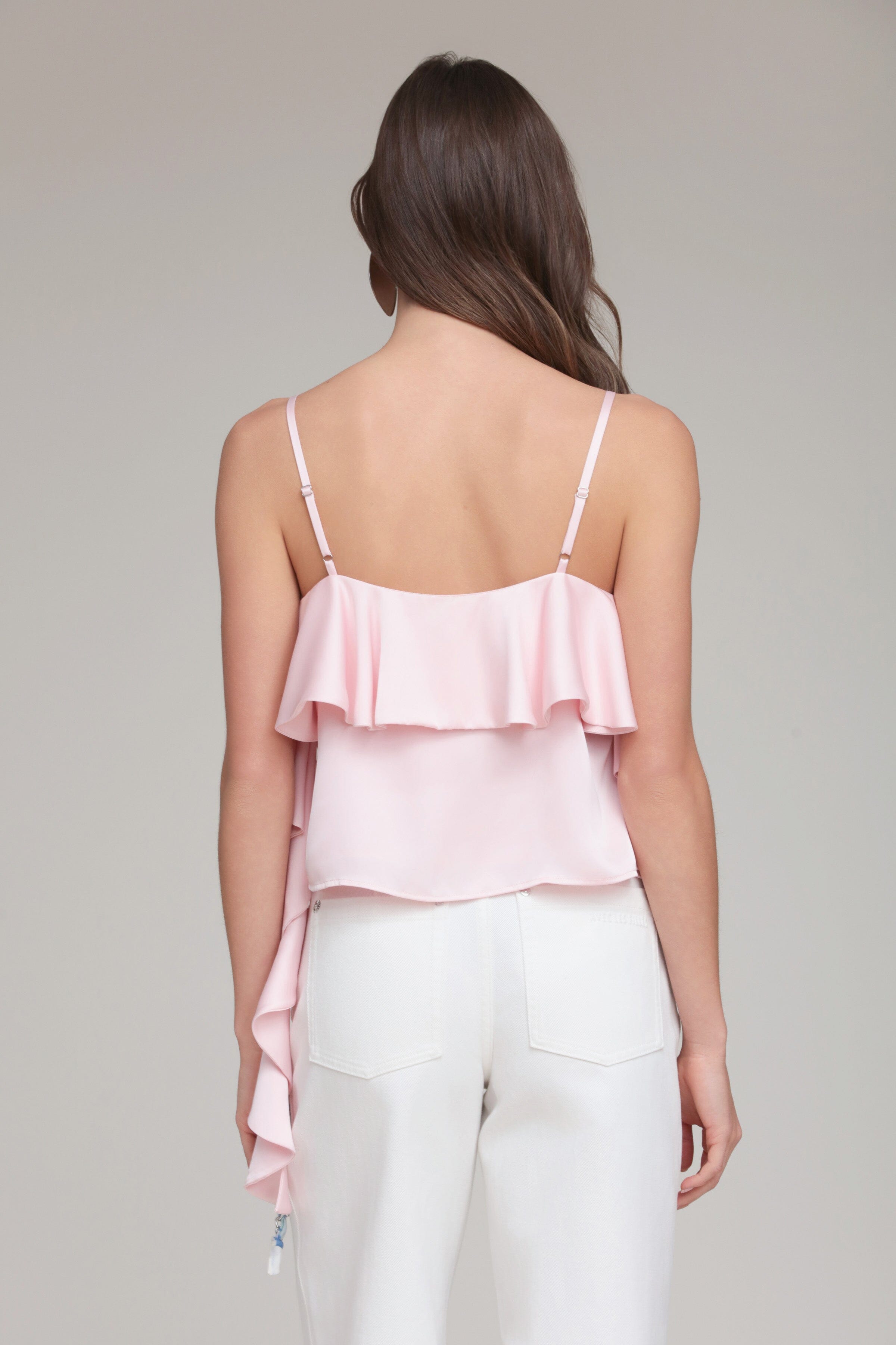 Satin Asymmetric Ruffle Pink Tank Top