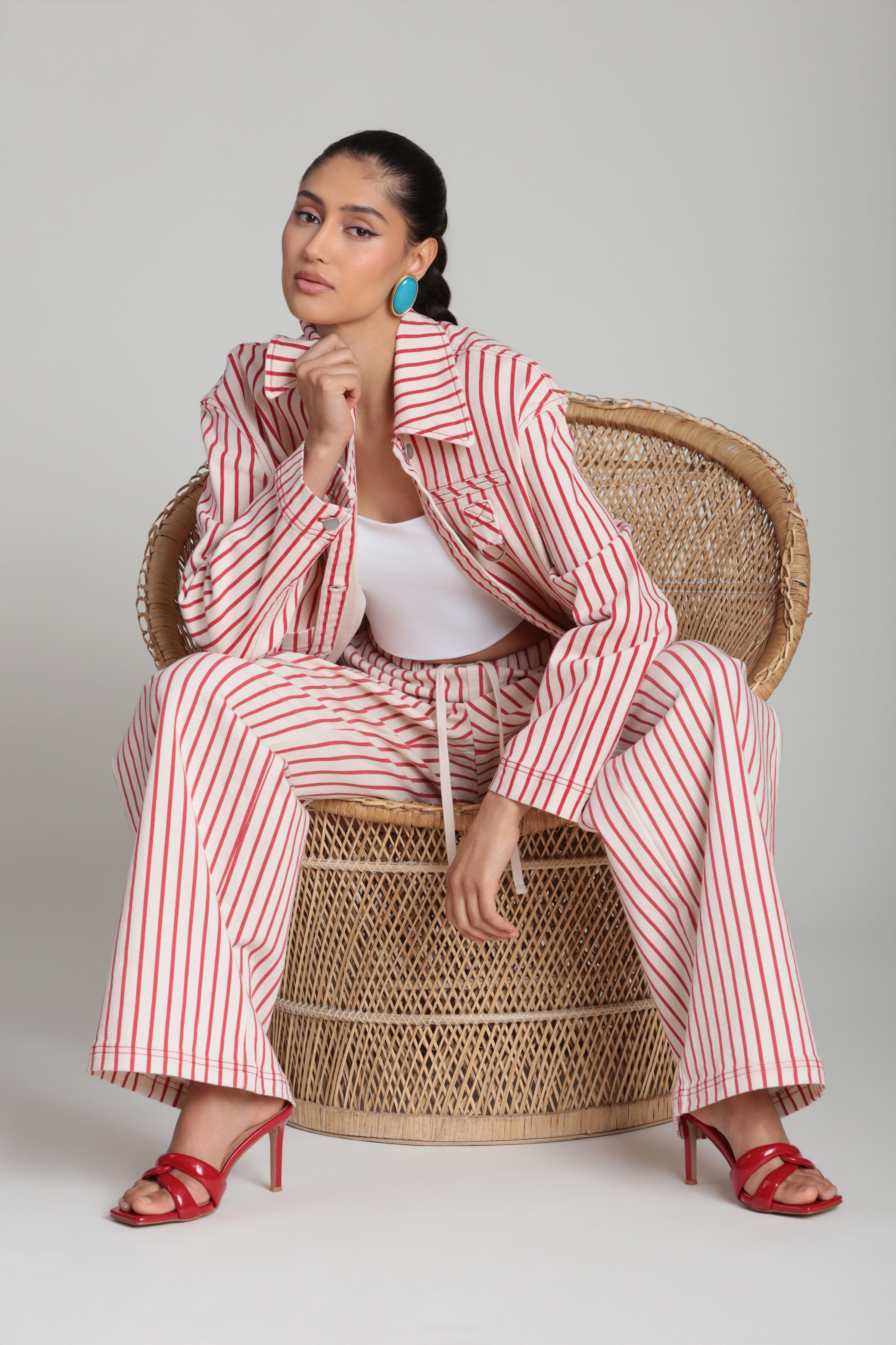 Red striped wide leg pants with cotton red striped jacket - Shop cute pants & jackets by Avec Les Filles.